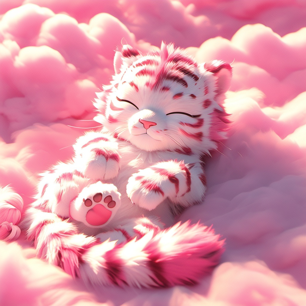 yinhu,tigger,fluffy,pink pattern,soft lighting,tiger boy,white fur,whimsy and dramatic lighting,warm colors,tigger focus,mf-movie-filter,cc-color-correction,cute,whiskers,:3,^ ^,no humans,closed eyes,tiger,cloud,red theme,lying,full body,solo,cloudy sky,sleeping,closed mouth,pink theme,sky,<lora:yinhu_xl:0.8>,