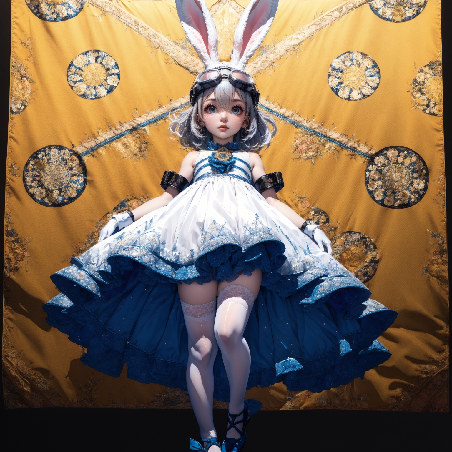 tutututu,1girl,solo,wrist cuffs,rabbit ears,white dress,white gloves,blue footwear,goggles on head,sleeveless dress,bangs,blue bow,white hair,short hair,white thighhighs,<lora:lihaigeQ-000006:0.95>,official art,unity 8k wallpaper,ultra detailed,beautiful and aesthetic,masterpiece,best quality,(zentangle, mandala, tangle, entangle),(fractal art:1.3),red flowers,extremely detailed,dynamic angle,cowboyshot,the most beautiful form of chaos,elegant,a brutalist designed,vivid colours,romanticism,by james jean,roby dwi antono,ross tran,francis bacon,michal mraz,adrian ghenie,petra cortright,gerhard richter,takato yamamoto,ashley wood,atmospheric,
