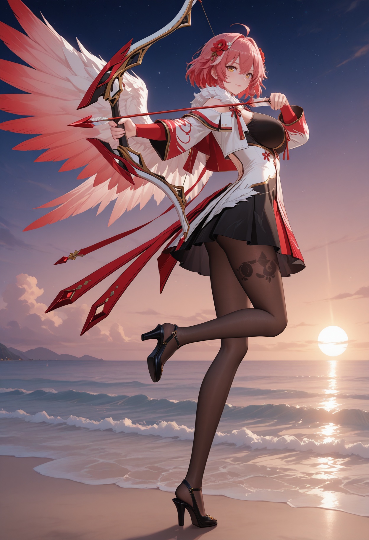 weapon,bow (weapon),holding weapon,holding,wings,breasts,holding bow (weapon),feathered wings,white wings,feathers,bangs,arrow (projectile),looking at viewer,holding arrow,leg up,standing,outdoors,standing on one leg,drawing bow,from side,moon,bow,cloud,sun,front view,from_below,full_body,solo,beach,ocean,waves,gradient_sky,starry_sky,dusk,in summer,<lora:长离师尊:1>,changli,1girl,long hair,bangs,hair ornament,big breasts,ribbon,hair between eyes,bare shoulders,yellow eyes,ahoge,red hair,short hair,multicolored hair,highlighted hair,pink hair,flower,hair flower,lace stockings,exposed,sexy,<lora:锦龙吟:1>,jly,long sleeves,dress,pantyhose,black pantyhose,brown pantyhose,capelet,jacket,white jacket,fur trim,shoes,footwear,black footwear,platform footwear,heels,high heels,platform heels,
