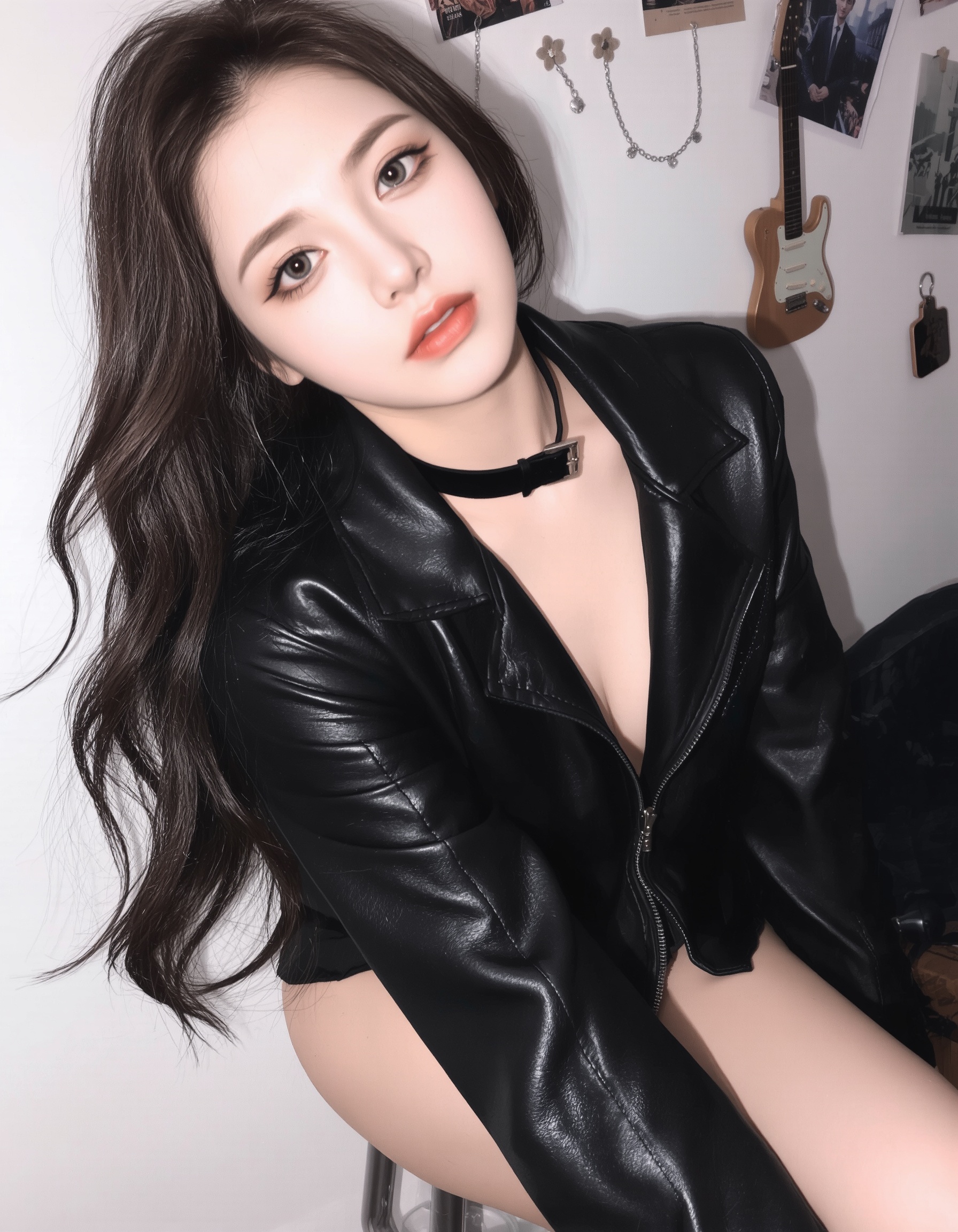 This is a high-resolution photo with a sensual style. The subject of the photo is a young woman wearing a black leather jacket and a black choker,with her hair flowing freely and heavy makeup on her face. Her eyes are deep and seem to be gazing at something in the distance. Her posture is graceful,with her legs slightly bent and her hands resting on her knees. The background is a plain white wall adorned with some decorations and paintings.,