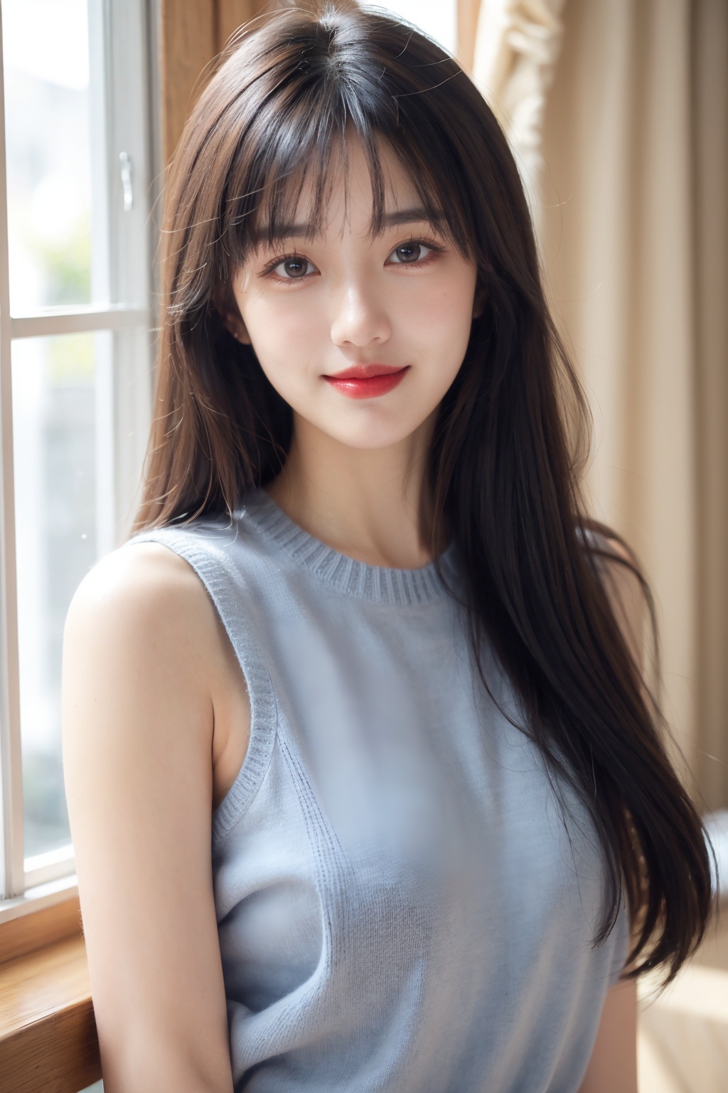1girl, black hair, breasts, brown eyes, curtains, indoors, lips, lipstick, long hair, looking at viewer, makeup, blue,sweater, sleeveless, smile, solo, sweater, upper body 