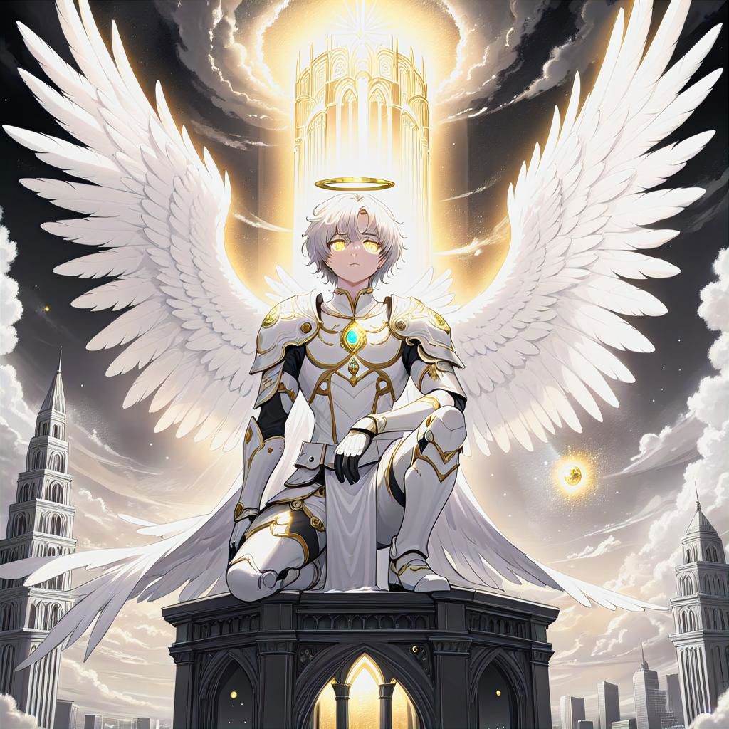 Fluffy White Angel male perched upon golden bejeweled tower in a heavenly utopian city,  huge feathery angel wings,  glowi...
