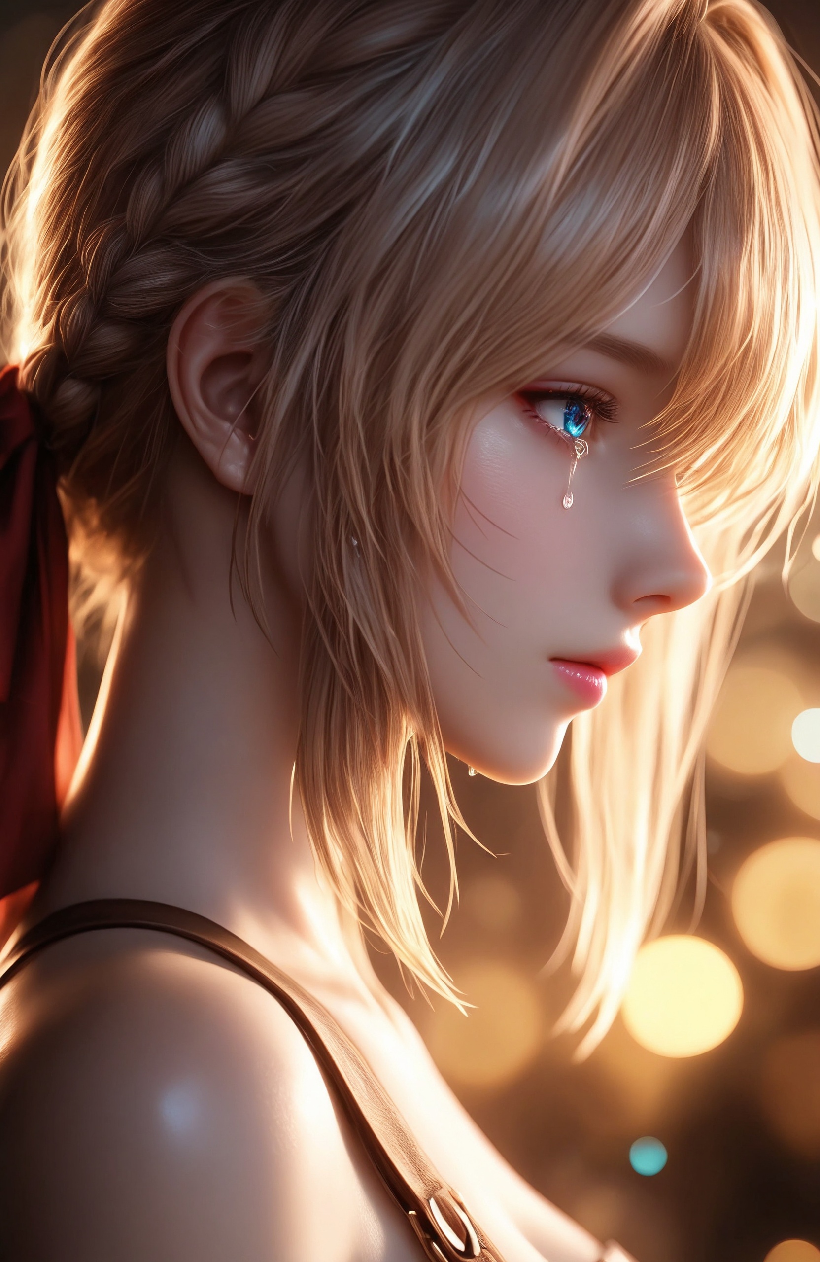 a young woman in a close-up profile view, with a focus on her face and upper torso. The woman has light skin with a subtle, warm glow, and her face is slightly turned to the right, showing her profile. She has long, light brown hair that is partially tied back, with loose strands falling around her face. Her hair has a soft, shiny texture, illuminated by a light source from the front left, which also highlights her delicate features.Her eyes are large and blue, with a reflective, almost glassy appearance, and her eyelashes are long and dark. She has a small, slightly upturned nose and full, pink lips that are slightly parted. A single tear is visible on her right cheek, adding a touch of vulnerability and emotion to her expression.She is wearing a thin-strapped, red top that reveals her shoulder and a small part of her back. A red bow is tied in her hair, matching the color of her top. The background is dark and out of focus, with a few bokeh light effects, which makes the subject stand out prominently. The overall style of the painting is realistic with a touch of fantasy, and the lighting creates a soft, warm atmosphere that emphasizes the subject's delicate features and emotional expression.