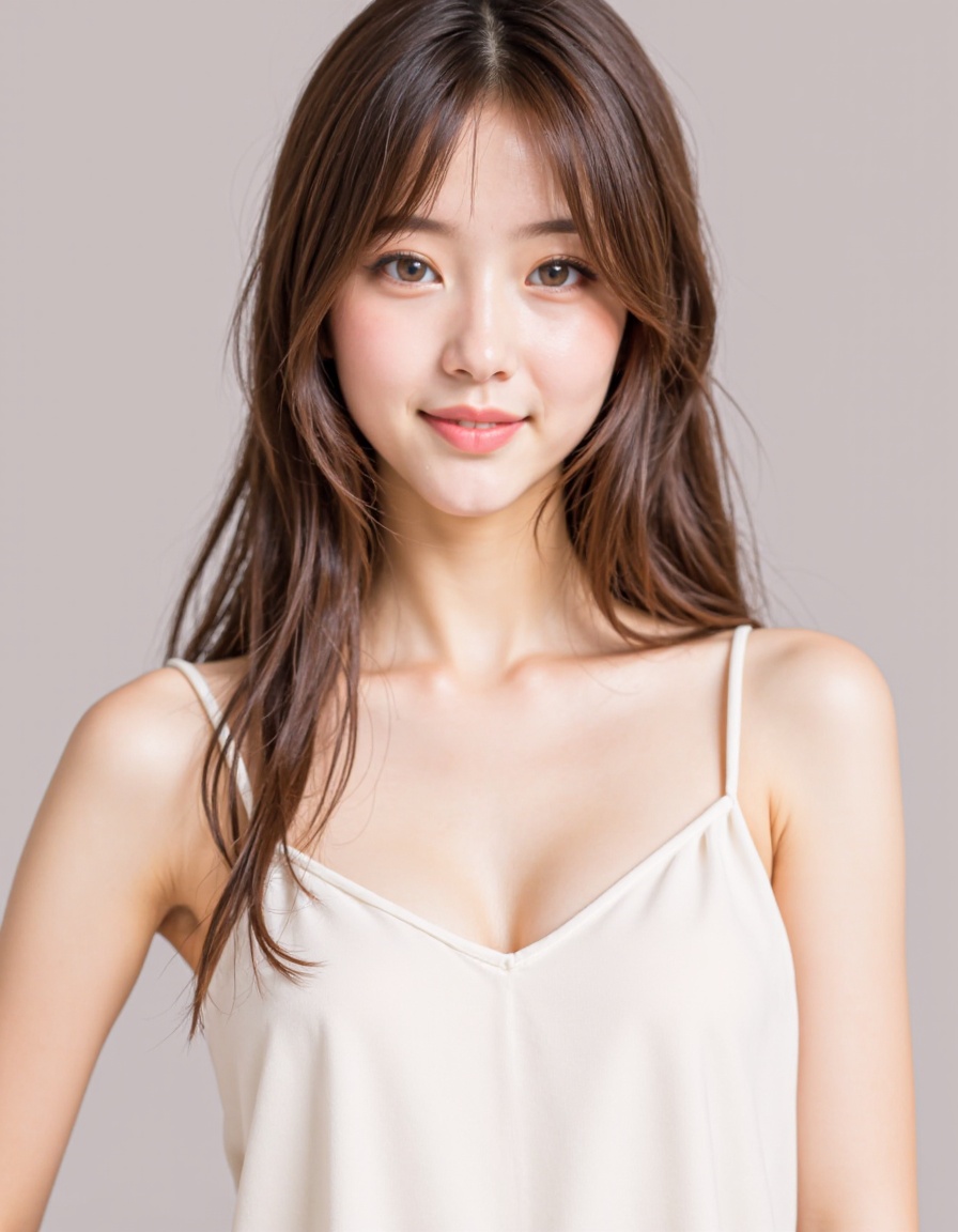 1girl, solo, realistic, brown hair, looking at viewer, dress, long hair, smile, white dress, brown eyes, photorealistic, upper body, lips, sleeveless, breasts