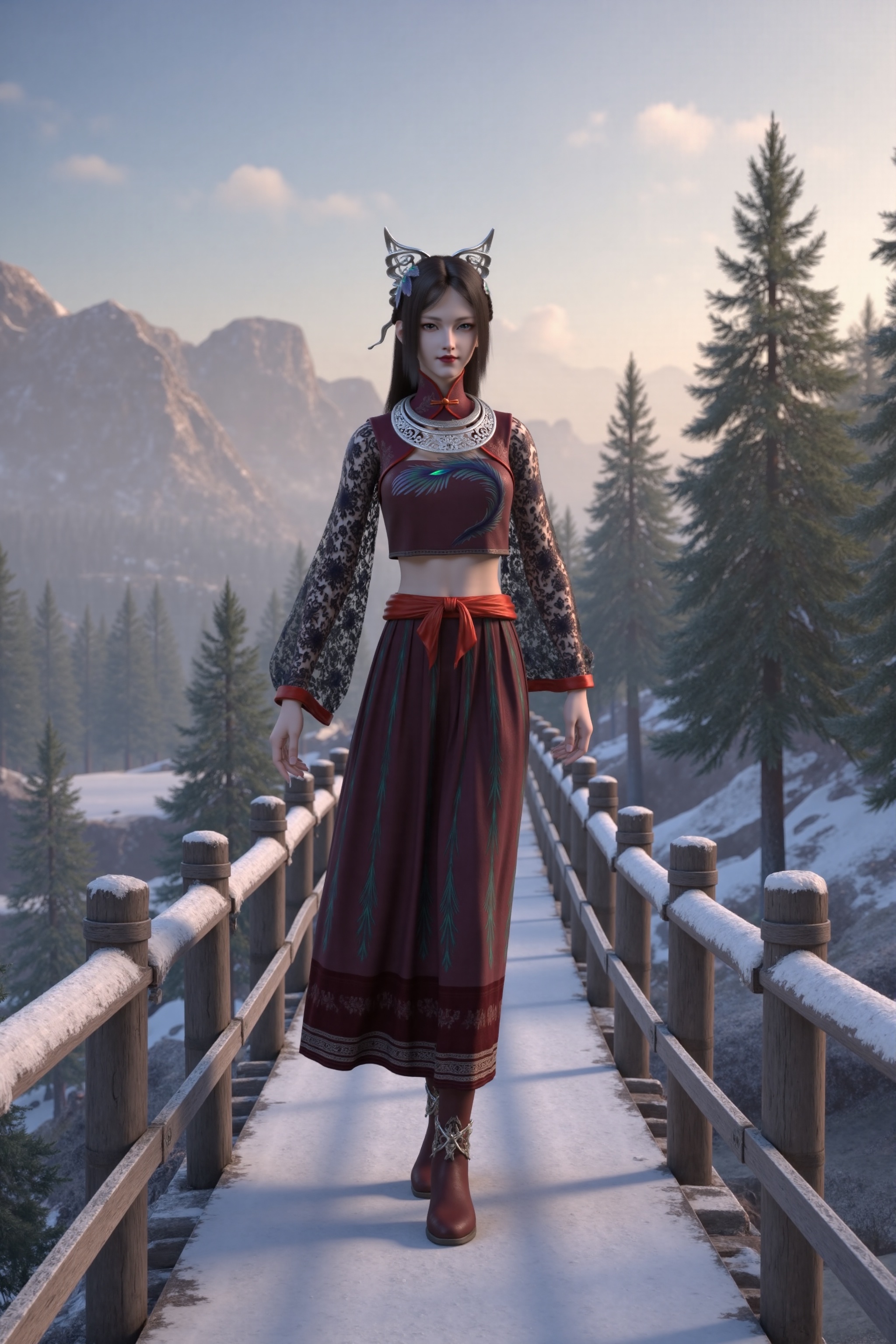 YuMo,YuMo,full body,walking directly toward the viewer across a snow-covered wooden bridge at sunrise,slender and elegant figure,long legs,graceful stride,arms swinging naturally,long straight black hair flowing softly with delicate side braids,ornate silver cat-ear headdress adorned with iridescent blue-green feathers lightly dusted with snow,heterochromia (left eye turquoise blue, right eye crimson red),full crimson lips,fair luminous skin,serene and composed expression.,Wearing a cropped burgundy cheongsam with intricate peacock feather embroidery,black lace sleeves with subtle frost-kissed texture,wide red satin sash tied in a bow at the waist,matching burgundy pleated midi-length skirt with vertical feather patterns,wine-red ankle boots with intricate silver vine-like embellishments at the ankles,detailed silver neck rings catching the morning light.,Background: a breathtaking winter scene at sunrise,snow-covered wooden bridge with frosted railings leading into a misty valley,snow-kissed evergreen trees lining the path,craggy mountains rising in the distance,sky glowing in a soft gradient of light blue and gold,wispy clouds catching warm sunlight,magical reflections shimmering on the pristine snow,soft textures of fresh powder blanketing the landscape,tranquil and ethereal winter paradise,cinematic morning lighting,shallow depth of field.,