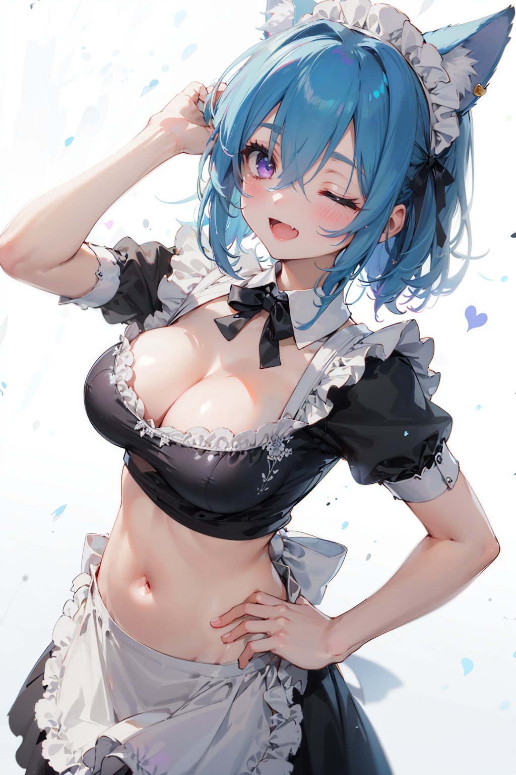 masterpiece,best quality,ultra-detailed.extremely delicate and beautiful,hard light,embrandt style expression of light and shadow,depth of field,dynamic angle,1girl,solo,looking at viewer,:d,fang,halo,fox ears,large breasts,cleavage,blue hair,purple eyes,one eye closed,hair between eyes,maid,maid headdress,navel,maid apron,one hand on hip,one hand on head,heart,white background,skin oil,