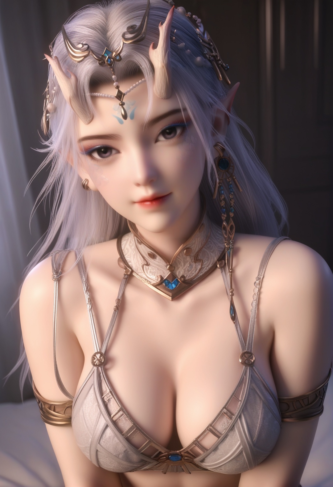 supermodel,score_8_up,score_7_up,(hyperdetailed:1),masterpiece,best quality,amazing quality,high resolution,ultra-detailed,absurdres,(looking at viewer:1.1),upper body,(Dark room:1.3),(moody lighting:1.1),(large breasts:0.8),1girl,long hair,makeup,BREAKcollarbone,bare shoulders,sheer collar,jewelry,hair ornament,dangling earrings,forehead decoration BREAK photorealistic details,facepalm,shy,blush,<lora:封念云:0.8>,kneeling,curtains,lips,bedroom,bra,head tilt,forehead,smile,black eyes,thighs,parted bangs,