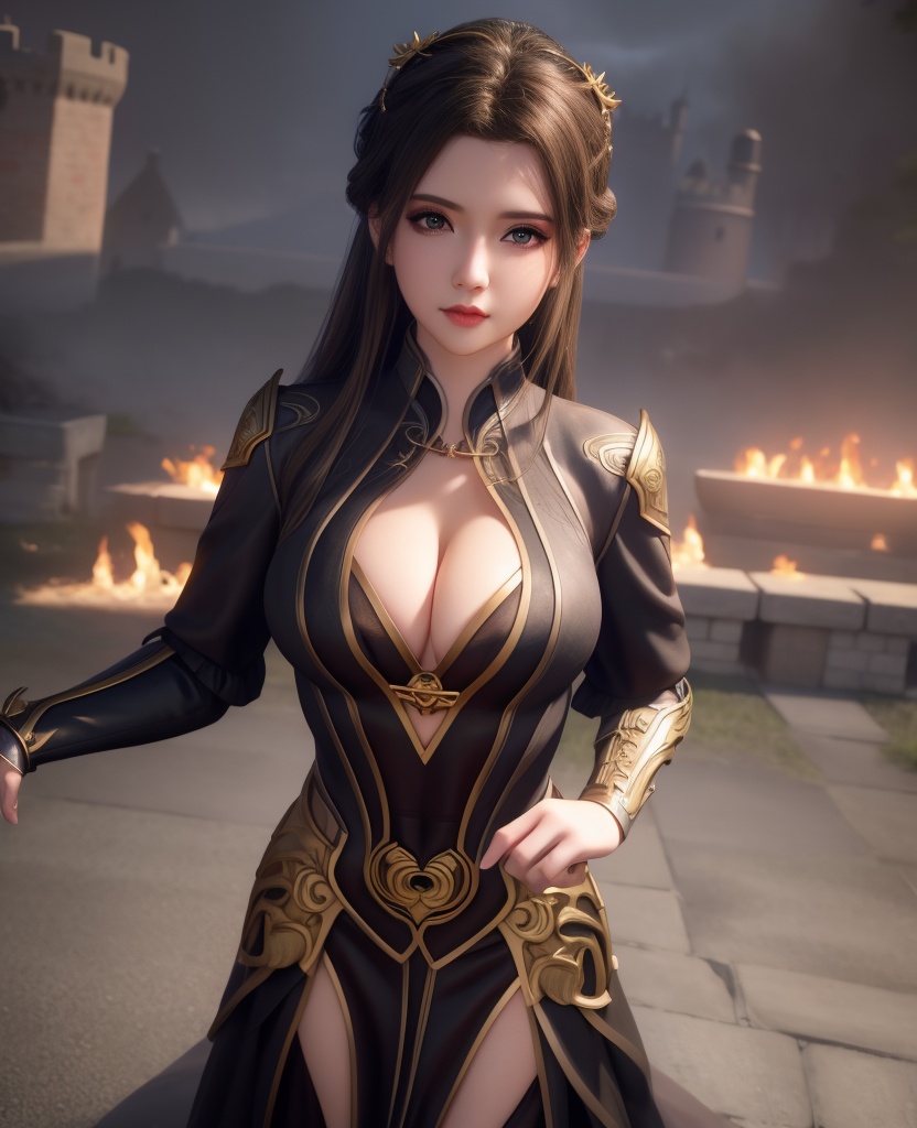 <lora:548-DA-师兄啊师克-碧霄:0.8>(,1girl, ,best quality, ),looking at viewer,ultra detailed background,ultra detailed background,ultra realistic 8k cg, ,masterpiece, (( , )),     ,castle,     pyrokinesis,  (cleavage), (),