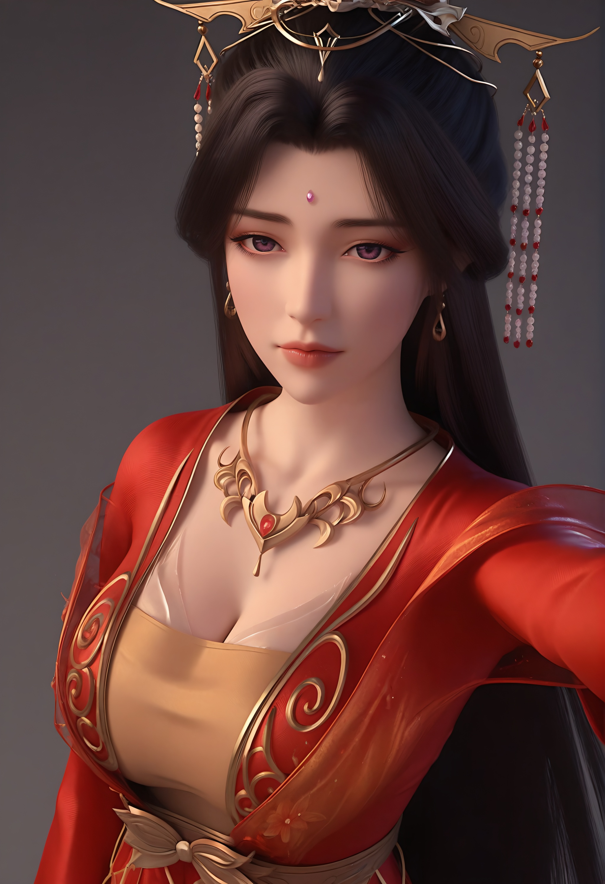 (score_9),<lora:红月婵-apony-000009:0.82>,yuechanm,1girl,solo,hair ornament,jewelry,long hair,forehead jewel,earrings,tiara,necklace,hair bun,black hair,purple eyes,red dress,shoulder ribbon,belt,long dress,cleavage,(glamor),curvy,mature_female,collarbone,pointy breasts,puffy breasts,(large teardrop breasts),teardrop breasts,BREAK<lora:Expressive_H-000001:0.8>,light blush,Expressiveh,looking at viewer,selfie,v sign,closed mouth,<lora:e肤色滑块:0.35>,fair_skin,((pale skin)),(white_skin),ultra-detailed skin texture,detailed textures,<lora:皮肤凹痕:1.2>,BREAK<lora:e色温:-0.35>,simple background,grey background,Tyndall effect,available light,depth of field,lens_flare,4K ultra HD,sharp focus,high detail,high contrast,