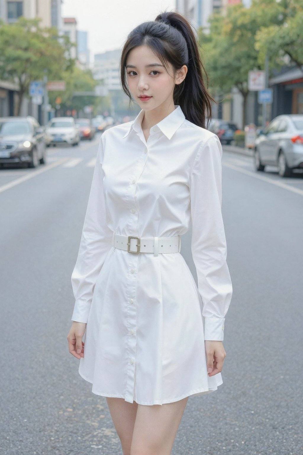 A photograph of a young Asian woman with fair skin,  long black hair tied in a high ponytail,  standing on a city street....