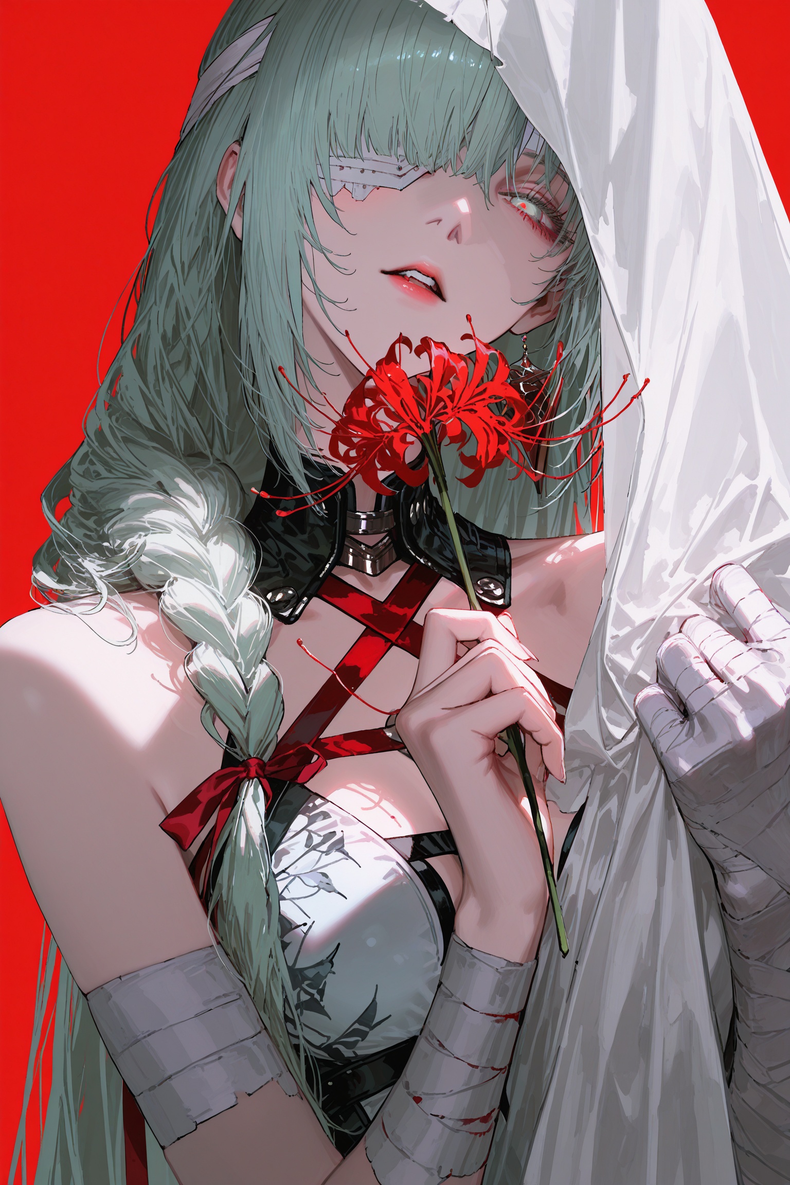 masterpiece,best quality,8k,phrolova\(wuthering waves\),Yoneyama Mai,1girl,half-length,solo,long hair,looking at viewer,simple background,holding,ribbon,very long hair,upper body,braids,flowers,parted lips,red ribbon,light green eyes,head tilted,light green hair,bandage,red flower,holding flower and sheet,plain red background,one eye covered,bandaged arm,spider lily,bandage on one eye,(artist:betabeet:1.2),artist:john_kafka,artist:nixeu,artist:quasarcake,