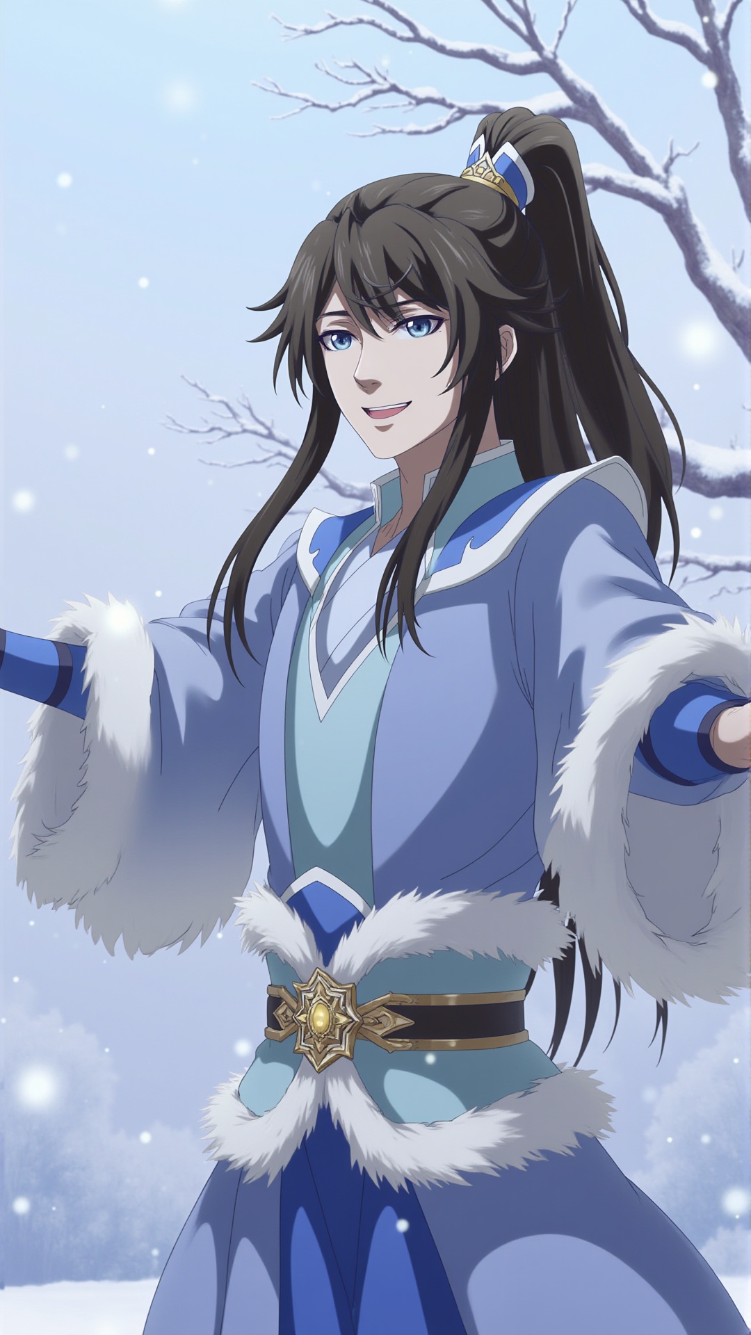 kp,1boy,male focus,long hair,black hair,solo,chinese clothes,ponytail,tree,looking at viewer,outdoors,snow,outstretched arms,fur trim,sky,smile,jewelry,snowing,<lora:F1-baixiaochun:0.8>,realistic,reality,