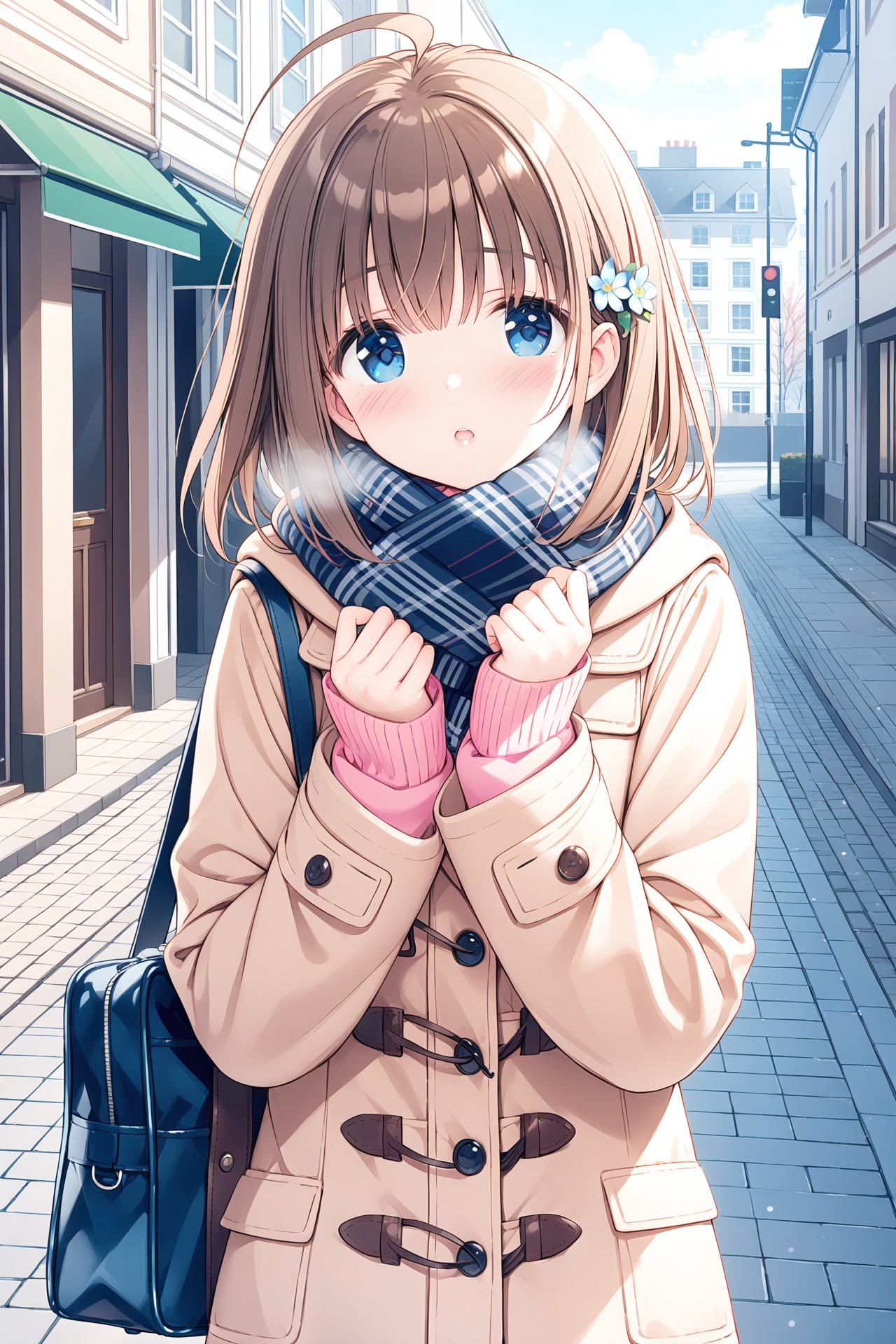 masterpiece,best quality,1girl, solo, outdoors, scarf, school bag, blush, bag, plaid, hair ornament, coat, brown hair, looking at viewer, sleeves past wrists, parted lips, long sleeves, skirt, fringe trim, hands up, breath, open clothes, day, plaid skirt, blue scarf, building, open coat, pink sweater, hairclip, sweater, pleated skirt, blue eyes, upper body, blue skirt, ahoge, plaid scarf, road, duffel coat, pink cardigan, street, school uniform, hair flower, white coat, flower, shoulder bag, cardigan