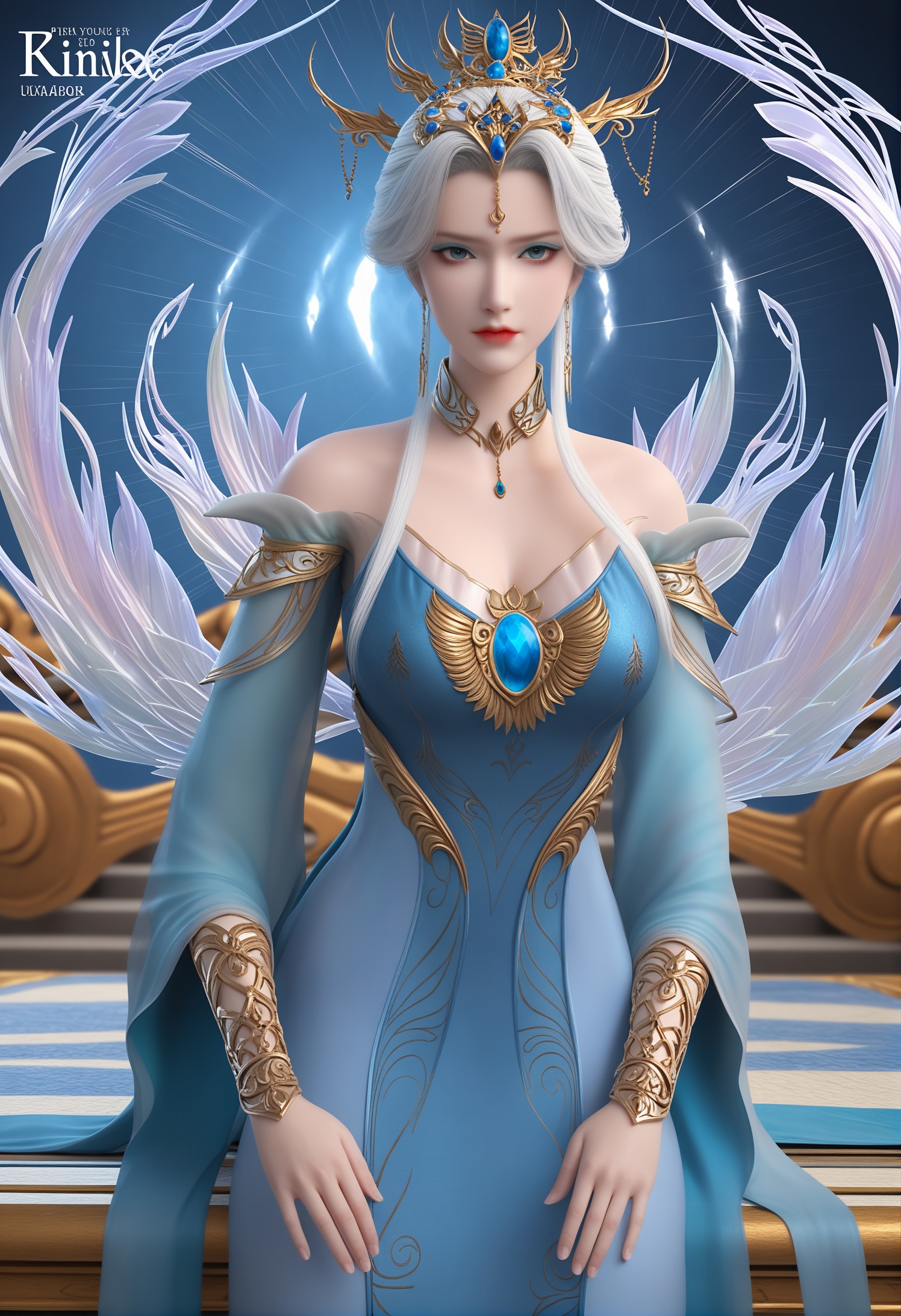 score_9,score_8_up,score_7_up,1girl,solo,realistic,(looking at viewer:1.1),1girl,solo,realistic,dress,long dress,blue dress,blue gemstone,detached collar,bracer,backless dress,back cutout,wide sleeves,detached sleeves,long sleeves,wings,off-shoulder dress,feathers,expressionless,barefoot,1girl,solo,realistic,jewelry,crown,tiara,hair stick,hair rings,hair ornament,gem,forehead jewel,facial mark,earrings,necklace,collar,1girl,solo,realistic,(mature face:1.2),big eye,(pale_skin:1.1),shiny_skin,slender face,long hair,white hair,hair bun,ponytail,blue eyes,eyelashes,makeup,eyeshadow,blue eyeshadow,lipstick,red lips,bare shoulders,closed mouth,realistic,solid background,simple background,(magazine cover theme:0.75),(white chair:0.8),medium breasts,(cleavage:1.1),cleavage cutout,<lora:小巳-南宫仙音pony:0.85>,