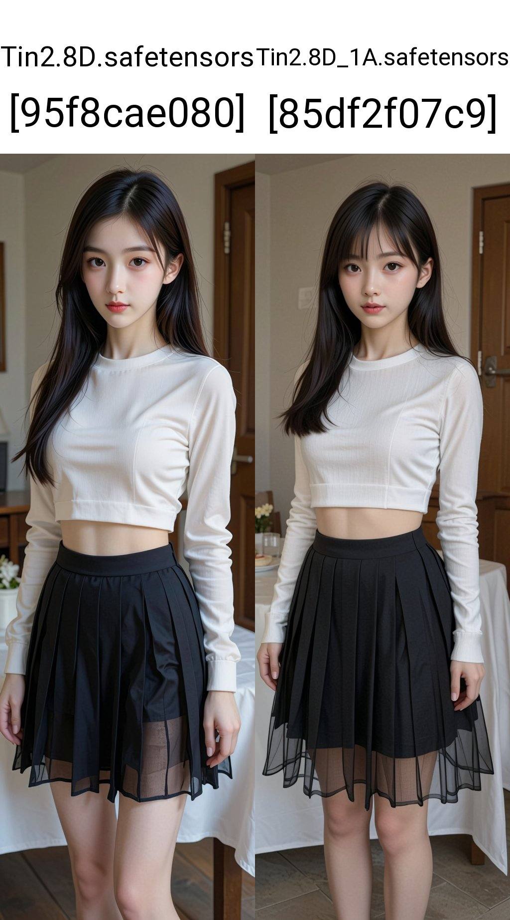 A young woman with long dark hair stands indoors in a room. She is wearing a white long-sleeved crop top and a black pleat...