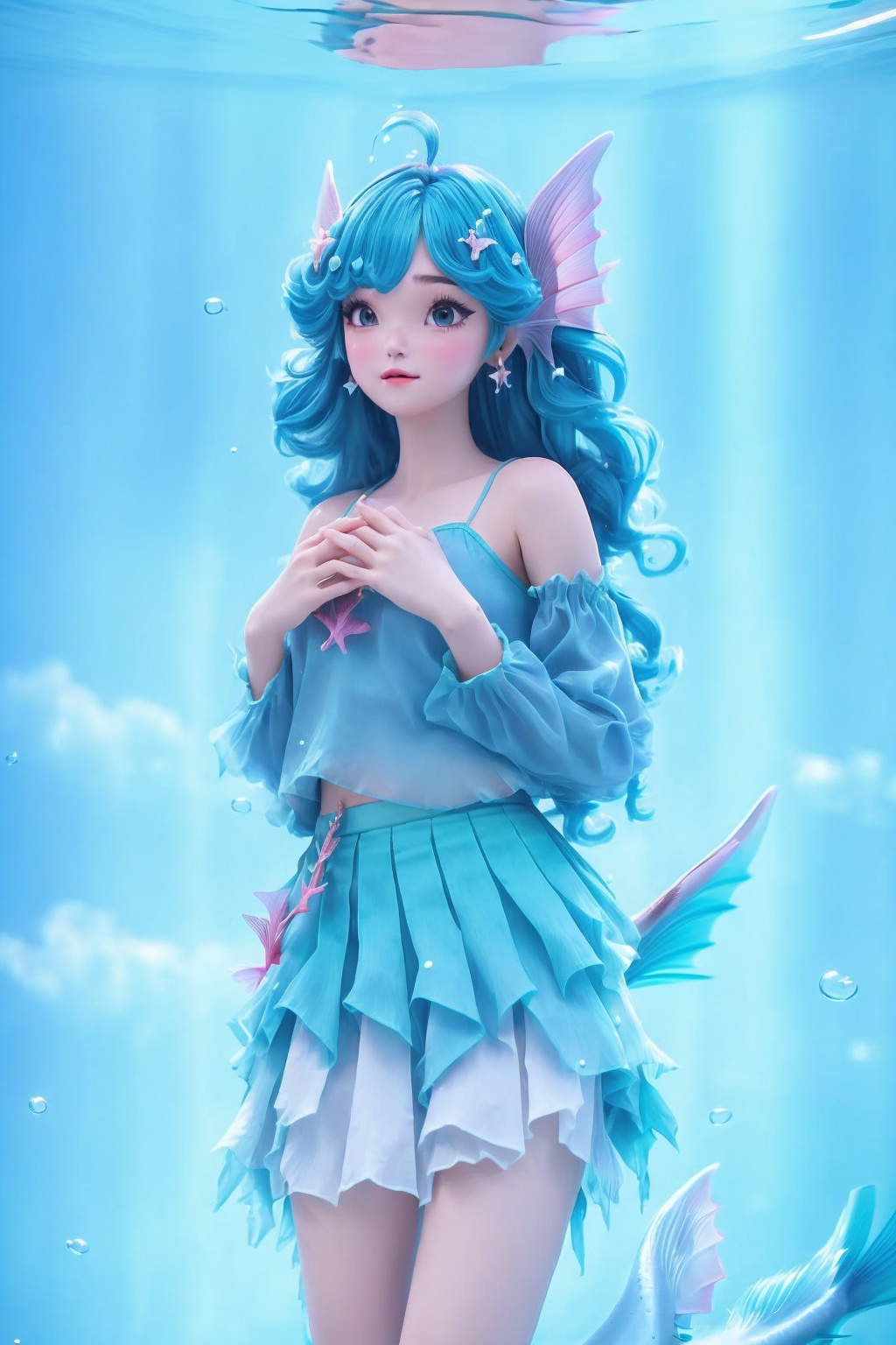 (1girl),smooth chin,masterpiece,detailed face,((hair ornament)),top quality,4k,make up,best quality,alone,single,solo,only one,one character,blush,(body blush),(detached sleeves),earrings,(blue hair),under water,(head fins),long hair,(from below),ocean,(puffy hair:1.13),head wings,frilled skirt,frilled clothes,model,looking at viewer,Cute Women,frilled shirt,bubble skirt,green skirt,full body,(detached shirt),bandeau,blue skirt,(Prayer with both hands),Masterpiece, the best quality,(The best hand)