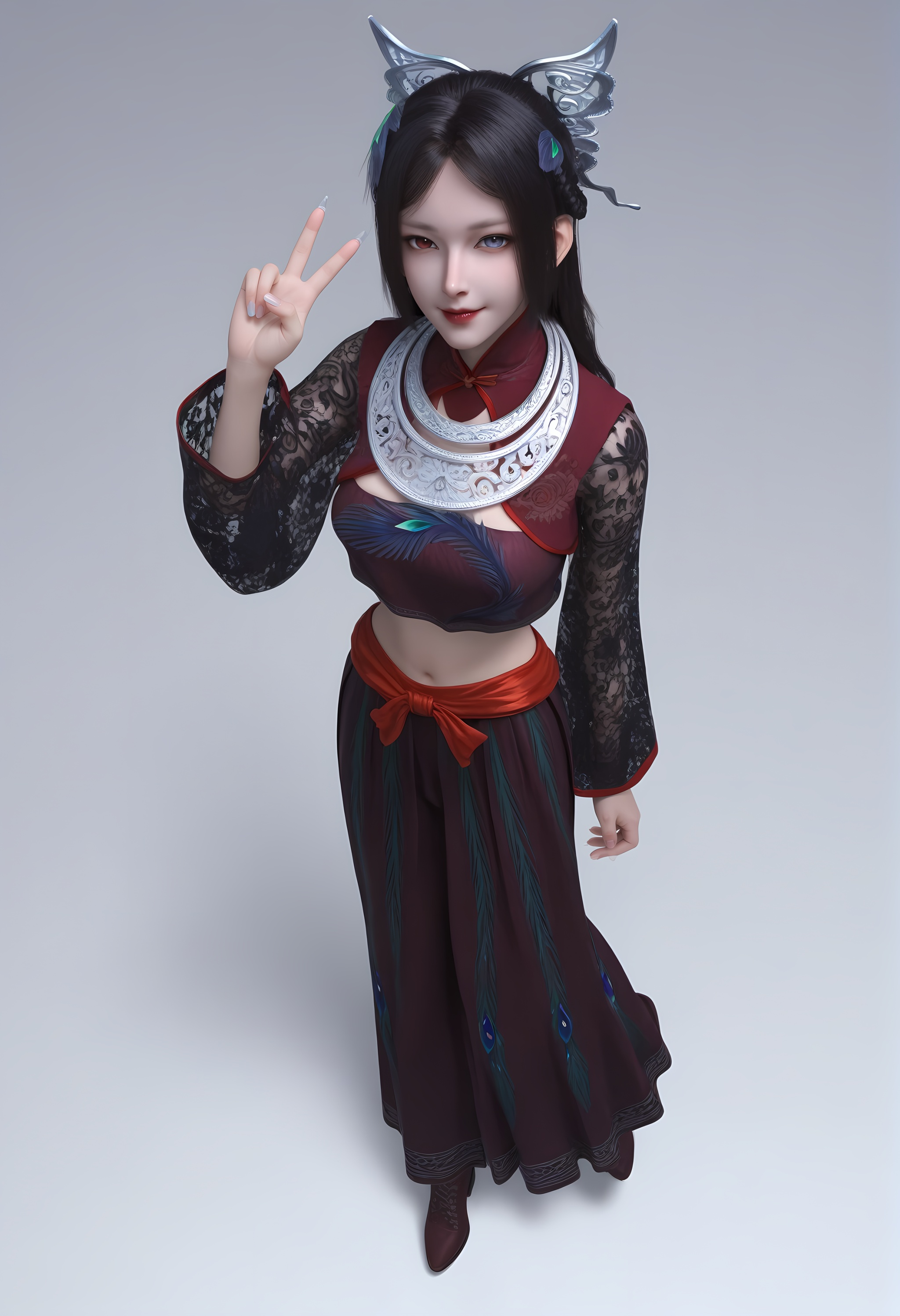 (score_9),standing,full body,<lora:慕雨墨-apony:0.83>,muyumo,1girl,solo,heterochromia,hair ornament,black hair,feather hair ornament,long hair,braid,high collar,silver collar,crop top,lace sleeves,mature_female,collarbone,cleavage,navel,groin,mound_of_venus,midriff,red sash,skirt,long skirt,shoes,bare hand,BREAK<lora:Expressive_H-000001:0.8>,light blush,Expressiveh,seductive_smile,dutch angle,dynamic_angle,from above,selfie,v sign,closed mouth,<lora:e肤色滑块:0.35>,fair_skin,(pale skin),(white_skin),ultra-detailed skin texture,detailed textures,<lora:皮肤凹痕:1.2>,BREAKsimple background,4K ultra HD,sharp focus,high detail,high contrast,