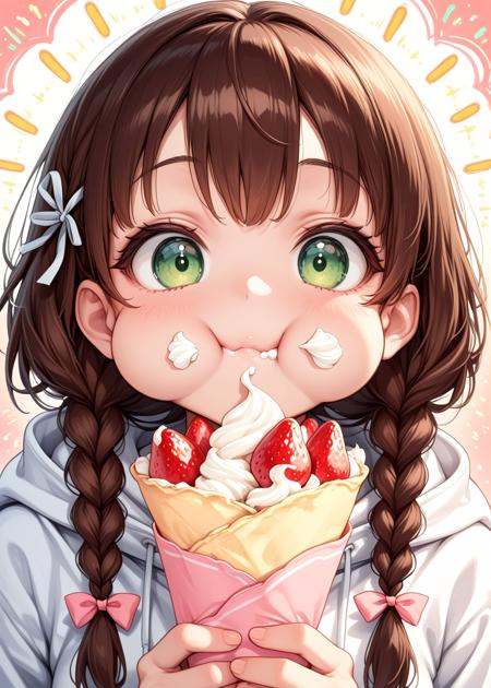 1girl, cute face, puffy cheeks, happy aura, brown hair, braided sidelock, hair ribbon, green eyes, white hoodie, surreal, strawberries and whipped cream flying around, holding crepe, eating, whipped cream around mouth, portrait, masterpiece,best quality,amazing quality,