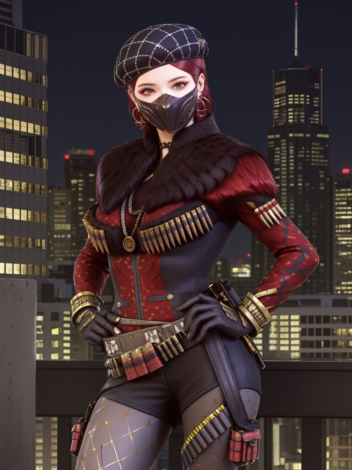 CFchuanshuoailishaLHWZ, 1girl, solo,hat, gloves, mask, jewelry, pantyhose, earrings, boots, belt,shorts, red hair, jacket, bandolier,bullet,fur trim, <lora:CFchuanshuoailishaLHWZ:0.75>,cityscape, night, looking at viewer, hand on hip, 