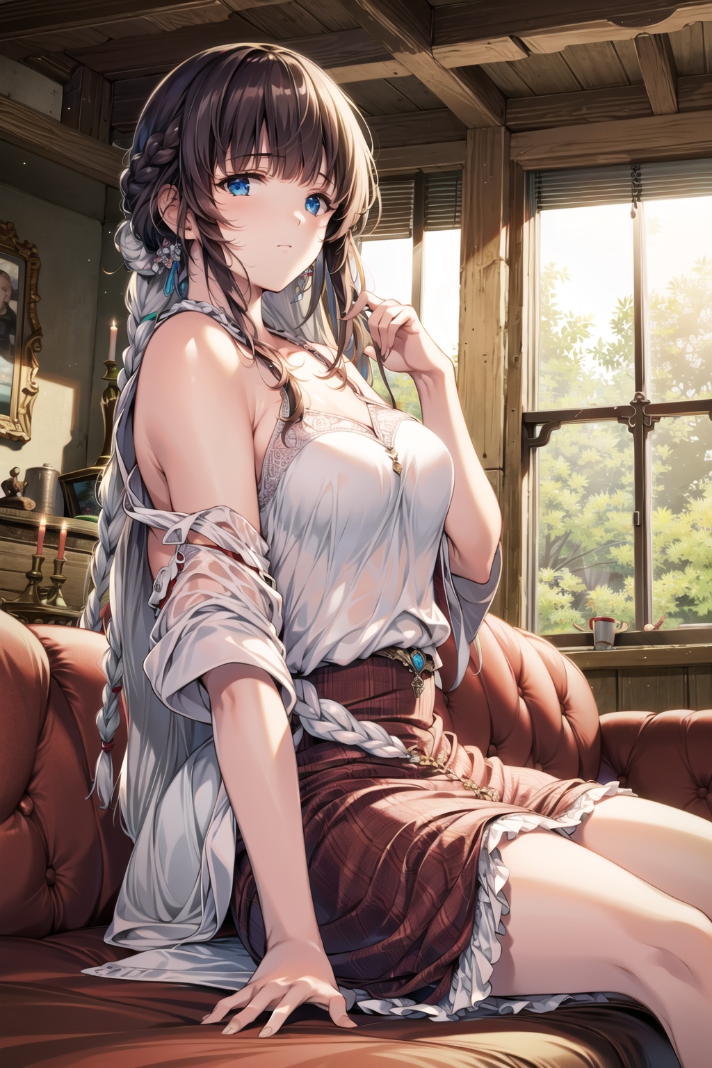 <lora:艺术家_MIN-NARAKEN旧:1>, 8k, best quality, ultra high res, (masterpiece:1.3),  1girl,  single braid long hair, half updo side braid,  blunt bangs, living room with indoor lights, relaxed atmosphere,see-through