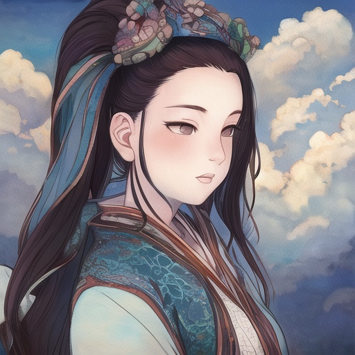 masterpiece, traditional_media, best quality, realistic, extremely detailed CG , 1girl,hanfu, long sleeves, portrait,  solo,  ribbon, cloud,  sky ,<lora:xuanxue_v2.0:0.6>