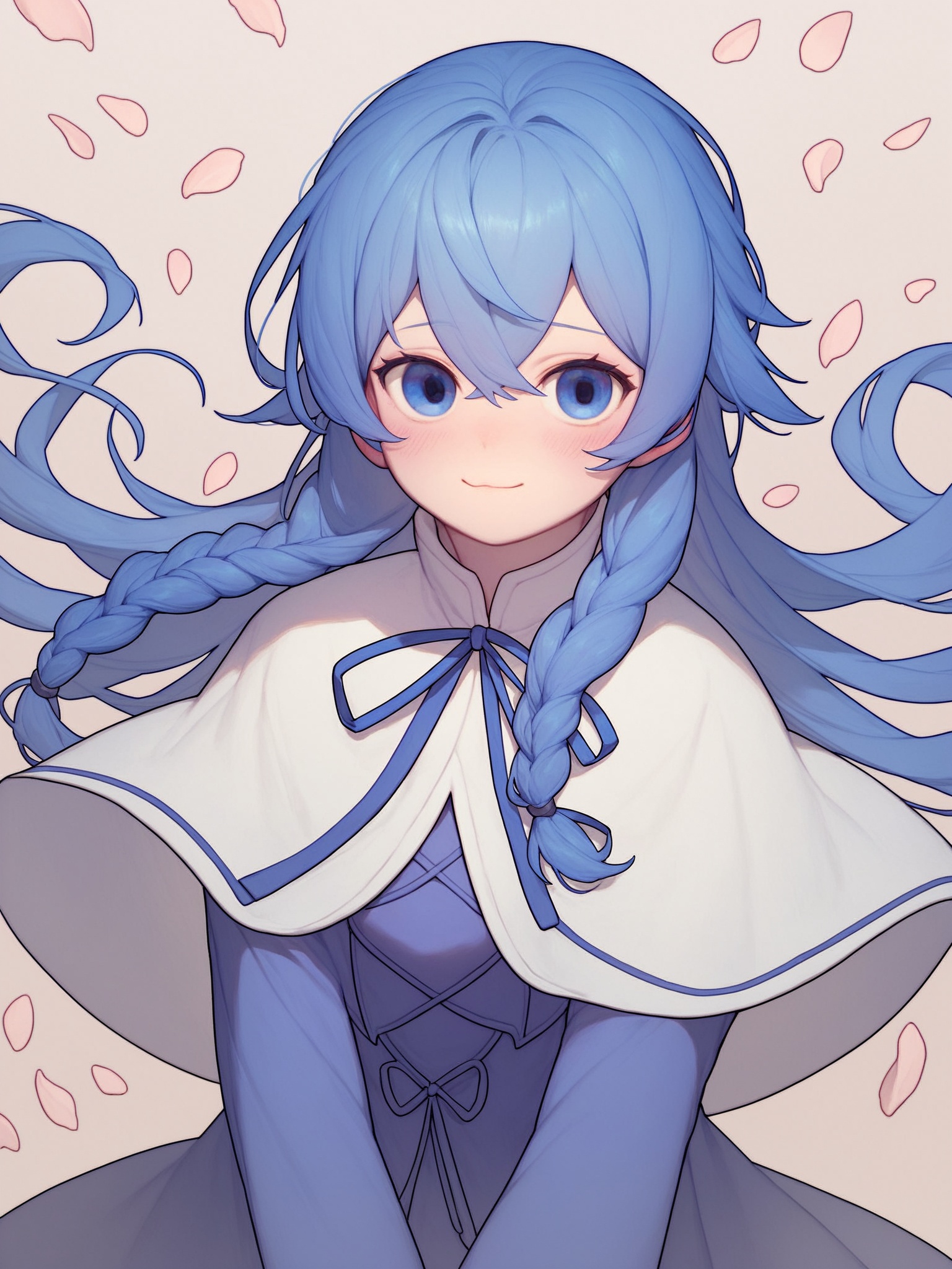 score_10,score_9,score_8_up,score_7_up,1girl,roxy migurdia,blue eyes,solo,long hair,blue hair,smile,looking at viewer,braid,hair between eyes,closed mouth,dress,blush,crossed bangs,capelet,petals,long sleeves,