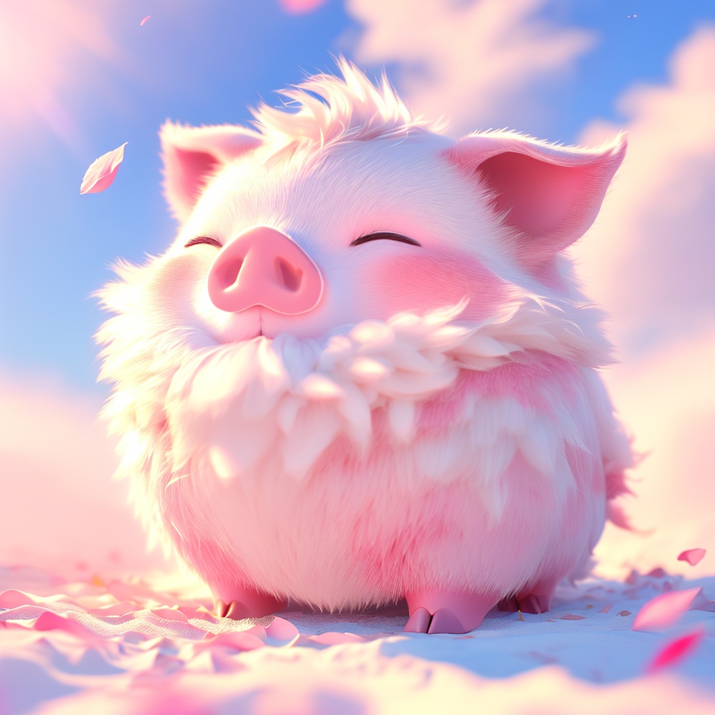 haizhu,pig,fluffy,sunlight,light particles,^ ^,whiskers,cc-color-correction,mf-movie-filter,warm colors,whimsy and dramatic lighting,white fur,soft lighting,pig focus,no humans,closed eyes,solo,outdoors,cute,full body,sky,day,closed mouth,cloud,standing,petals,blurry,pink theme,white background,pokemon \(creature\),animal focus,<lora:haizhu_v1:0.8>,
