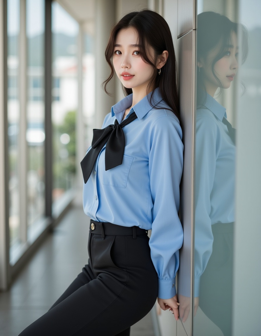 a real picture of a south korea woman,In Bank Teller Uniform\(Often includes a uniform shirt,pants,and sometimes a scarf or tie for bank tellers\).,