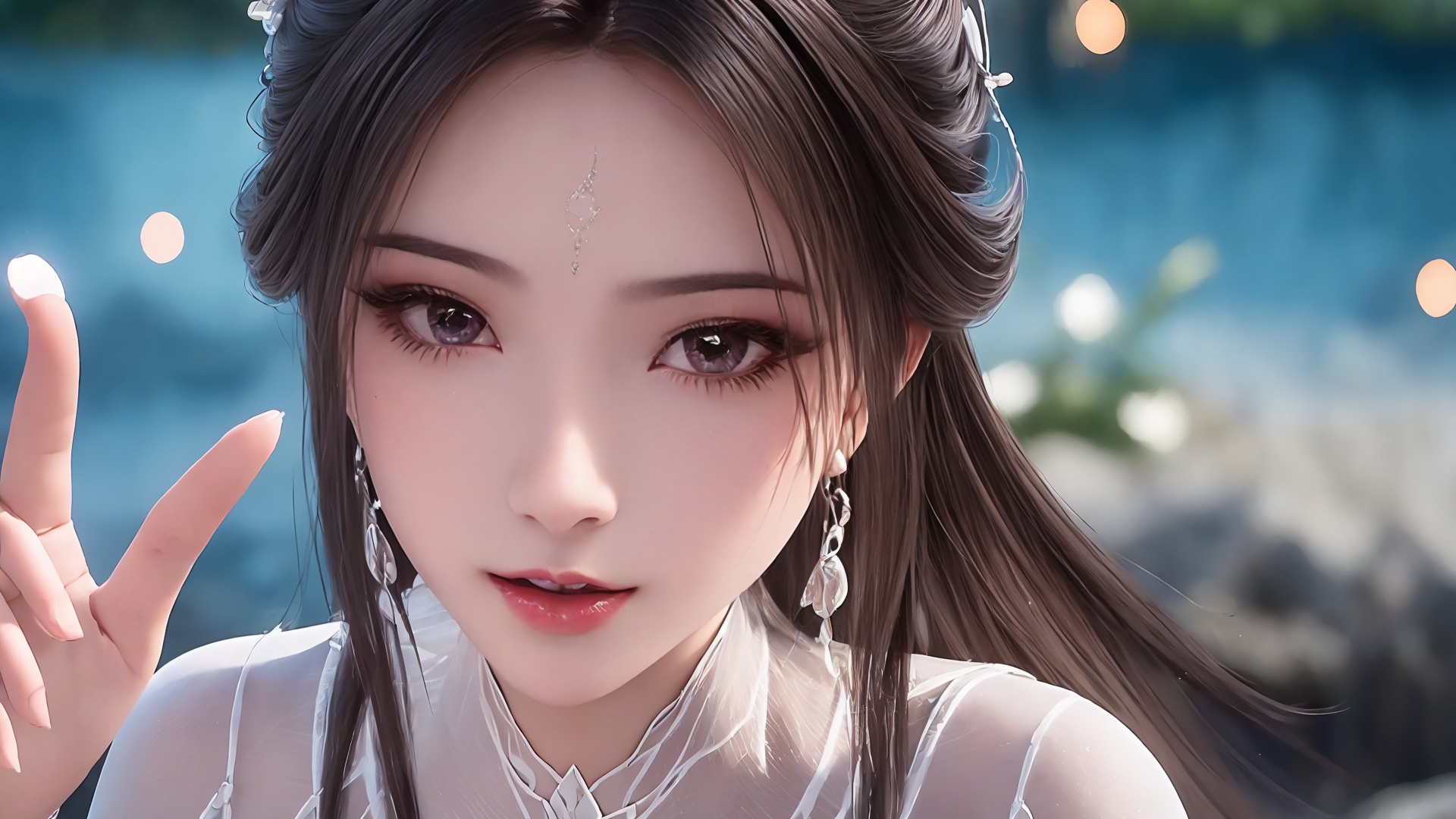 1girl,hair ornament,long hair,forehead mark,solo,black hair,facial mark,upper body,index finger raised,dress,looking at viewer,jewelry,white dress,hair bun,blurry background,<lora:girl solo luxueqi_20240911015355:0.8>,
