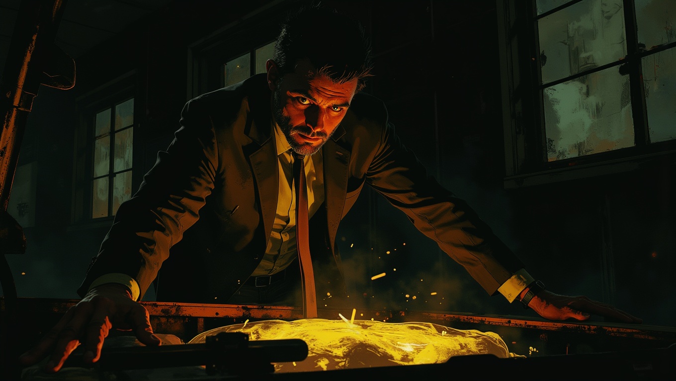 A man in a black suit and tie,  his face partially lit by the glow from a car trunk,  peers inside with a look of shock. T...