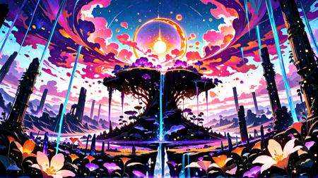 high_quality, highres, detailed, masterpiece, best quality, absurdres,   majestic fantasy landscape, panoramic view, vast floating mountains with waterfalls cascading into glowing rivers below, bioluminescent plants lighting the valley, twin moons hanging low in the colorful sky, swirling clouds painted with pink, orange, and violet hues, ancient ruins covered in ivy atop cliffs, golden fields swaying in the wind, crystal-clear lakes reflecting the sky, magical energy flowing through the land, distant glowing forests, soft morning mist rolling through hills, epic scale, ultra detailed, high fantasy world, breathtaking, awe-inspiring, wallpaper quality, serene yet powerful atmosphere, <lora:rdtdrp:1> <lora:SLE_v2:0.2> <lora:EnchantingEyesIllustrious:0.95>