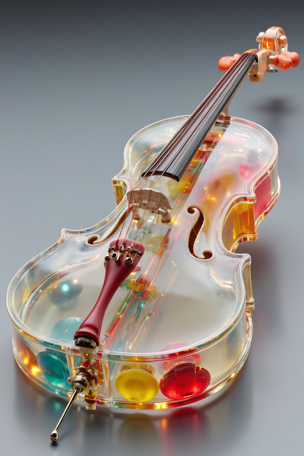 beijihui,a clear,transparent violin is positioned on a gray surface. The violin is adorned with a variety of vibrant colors,including red,orange,yellow,green,and blue. The strings of the violin are encircled by a series of colorful circles,adding a pop of color to the scene. The backdrop is a solid gray,creating a stark contrast to the violin.,
