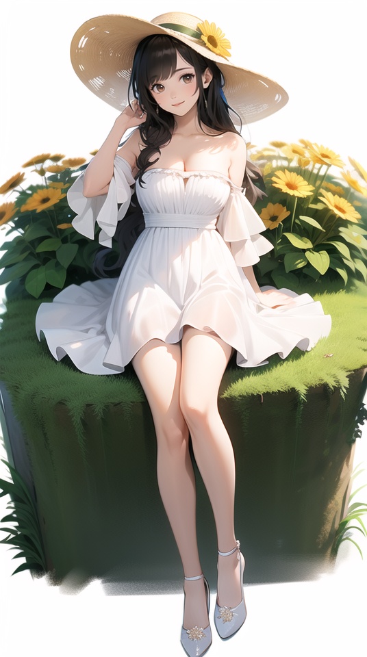 (best quality), ((masterpiece)), (highres), illustration, original, extremely detailed,1girl, breasts, dress, solo, hat, white dress, white headwear, long hair, cleavage, white background, large breasts, simple background, looking at viewer, sitting, sun hat, full body, white footwear, high heels, bare legs, bare shoulders, thighs, bangs, brown eyes, strapless, collarbone, smile, brown hair, closed mouth, strapless dress, black hair, hand up, off shoulder, legs, strap slip, flower, frills, frilled dress, off-shoulder dress, no background