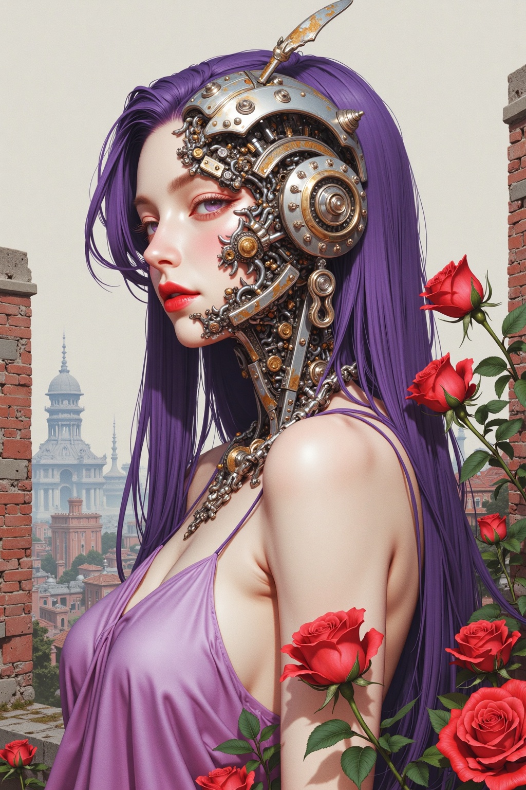 chahua,houtu,yuanhua,YXMX,Houtu,a Chinese woman,choker,cybermachine woman,half human and half mechanical,mechanical style comparison,mechanical part with rust,the mechanical styles on her body resemble those of a beetle,red lips,roses,long hair,slip dress,delicate accessories,necklace,earrings,oil painting brushstrokes,purple and red tones,standing on ruins.,