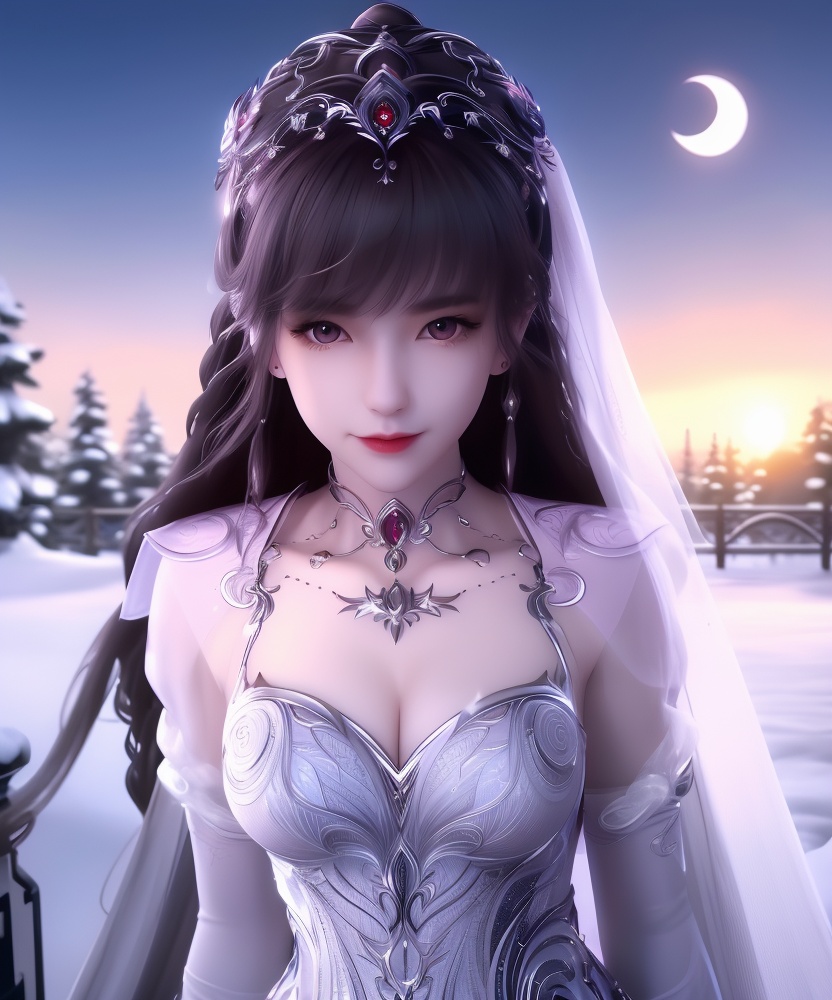 <lora:541-DA-斗罗大陆-小舞-神界:0.8>(,1girl, ,best quality, ),looking at viewer,masterpiece, (( , )),, realistic,science fiction,mole, ultra realistic 8k cg, ,      ,outdoors, snow, snowing, snow on head, sun,sunset,sunlight,moonlight,full moon, red moon,  crescent moon,  crescent rose,  black rose,       (cleavage), (),