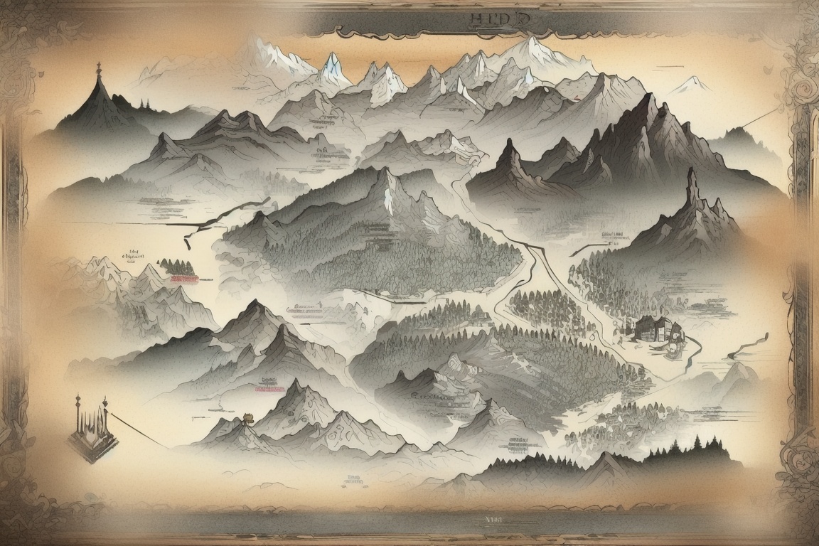 ((HRD, HUD, 8K)),((masterpiece, best quality)), highly detailed,GameMap, tree, monochrome, forest, nature, mountain, house, no humans, english text, <lora:20240804-1722731669108:0.8>