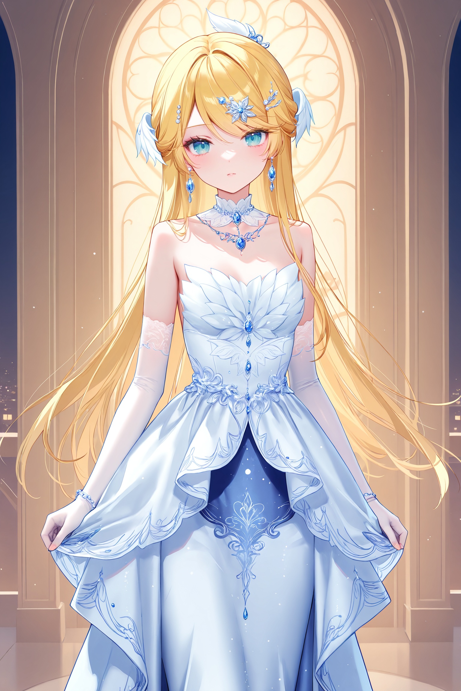 masterpiece,best quality,newest,absurdres,highres,soft shadows,year2024,(chen bin:0.7),(hiten \(hitenkei\):0.4),(rimuu:0.5),(mignon:0.5),(sheya:0.6),<lora:nightowlXLNAI:1>,nightowl,white dress,long dress,jewelry,hair ornament,elbow gloves,1girl,kagamine rin,necklace,earrings,detached collar,
