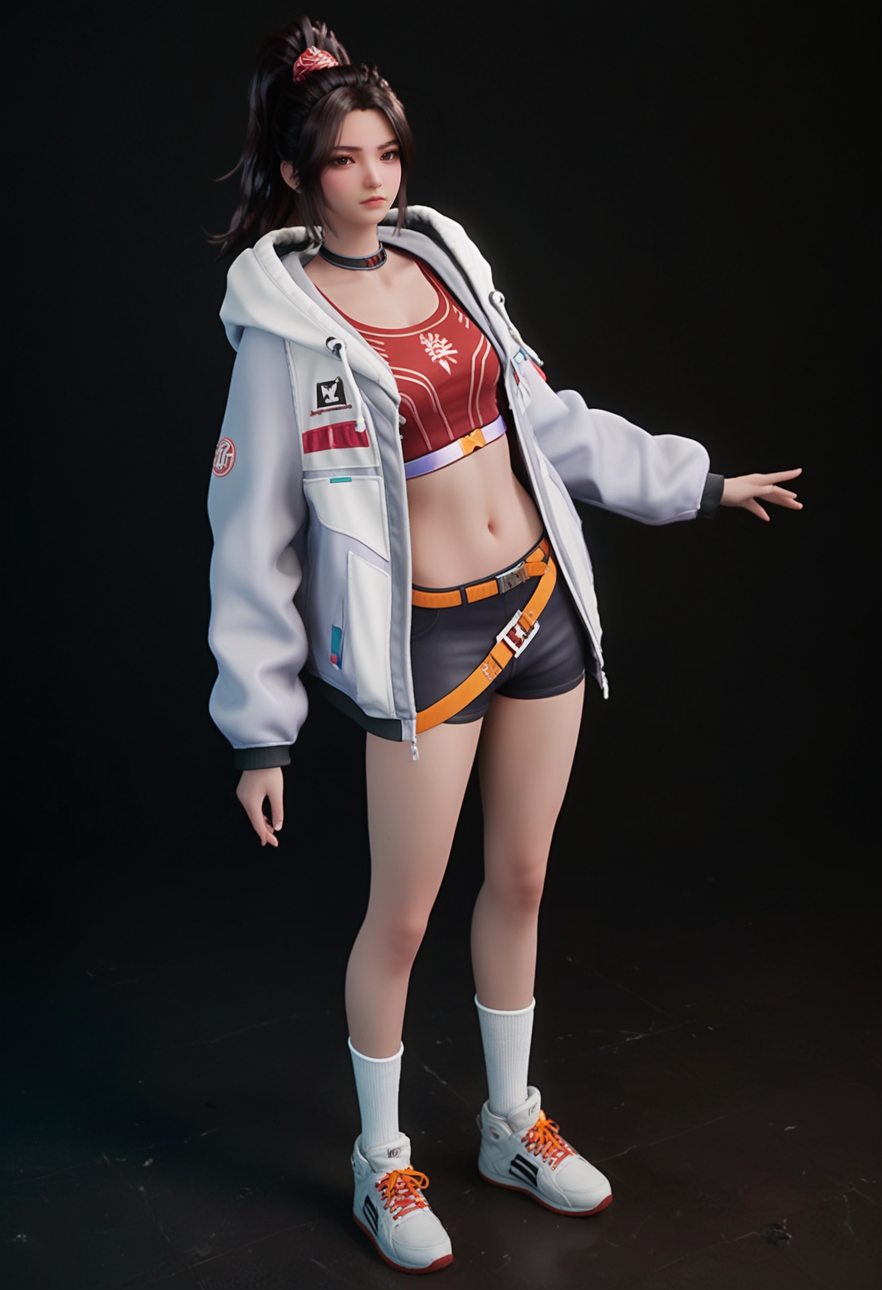 (standing full_body:1.1),score_9,score_8_up,masterpiece,(best quality),intricate details,facing viewer,(looking at viewer:1.1),<lora:YQ_pony_hongying_V4:0.8>,q1528437228,1girl,solo,ponytail,jacket,brown hair,hood,brown eyes,choker,black hair,long hair,hoodie,shorts,open clothes,collar,hood down,shoes,long sleeves,socks,sneakers,white jacket,white socks,shirt,crop top,hair ornament,white footwear,open jacket,belt,high ponytail,black shorts,red shirt,hooded jacket,short shorts,black choker,black eyes,denim,shoelaces,pants,ribbed socks,BREAK(score_9:1.2),(score_8_up:1.2),masterpiece,best quality,very aesthetic,perfect anatomy,(hourglass),perfect face,(simple background,pure black background,black background:1.1),fair_skin,(shiny_skin:1.1),Ivory_skin,