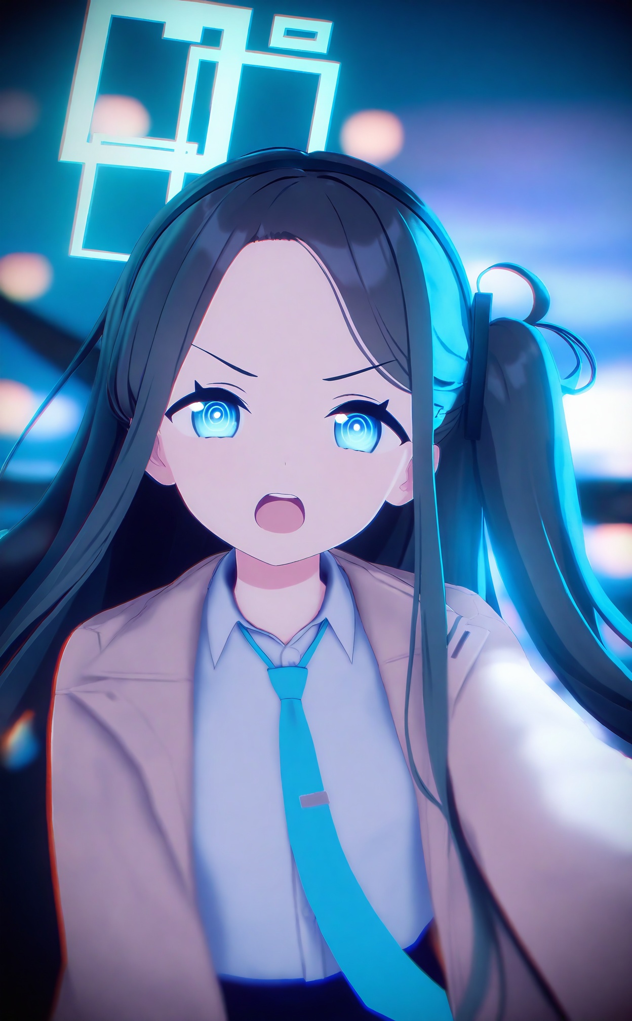 masterpiece,absurdres,best quality,loli,petite,high quality,chromatic_aberration,//,1girl,aris (blue archive),solo,ringed eyes,blue eyes,blue necktie,shirt,open mouth,necktie,black hair,long hair,white shirt,collared shirt,jacket,looking at viewer,halo,upper teeth only,forehead,teeth,v-shaped eyebrows,floating hair,very long hair,black hairband,hairband,long sleeves,open clothes,open jacket,outstretched arm,@_@,absurdly long hair,blue theme,blurry,portrait,//,Depth of field,(colorful),hdr,Tyndall effect,depth of field,Tyndall Effect,blurry,blurry_background,depth_of_field,bokeh,glowing,//,<lora:MMDguangwuran4——【noob】hans:1.15>,