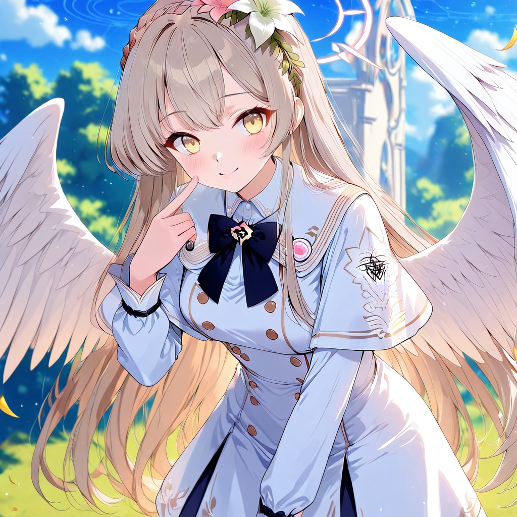 O,nagisa (blue archive),nagisa (blue archive),1girl,solo,long hair,halo,wings,smile,sky,dress,looking at viewer,braid,feathered wings,white dress,hair ornament,cloud,flower,capelet,feathers,hair flower,blue sky,long sleeves,yellow eyes,bangs,very long hair,blush,day,closed mouth,leaning forward,white wings,white capelet,angel wings,outdoors,finger to mouth,blonde hair,(UHD),anatomically correct,accurate,textured skin,super detail,high details,award winning,best quality,high quality,retina,HD,16k,1080P,