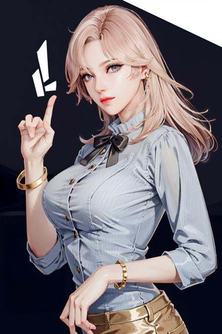 (masterpiece, best quality),(depth of field),shiny skin, 1girl,solo, mature female, cowboy shot, gigantic breasts, looking at viewer,((Casual Chic: A young woman in her late twenties dons a sophisticated yet cute look featuring a light blue, three-quarter-sleeved blouse with a Peter Pan collar. Her lower half is adorned with tailored, high-waisted black trousers and accessorizes with a simple gold bracelet and classic loafers.)), (white bikini:-1),  <lora:tessa basic2:0.5>