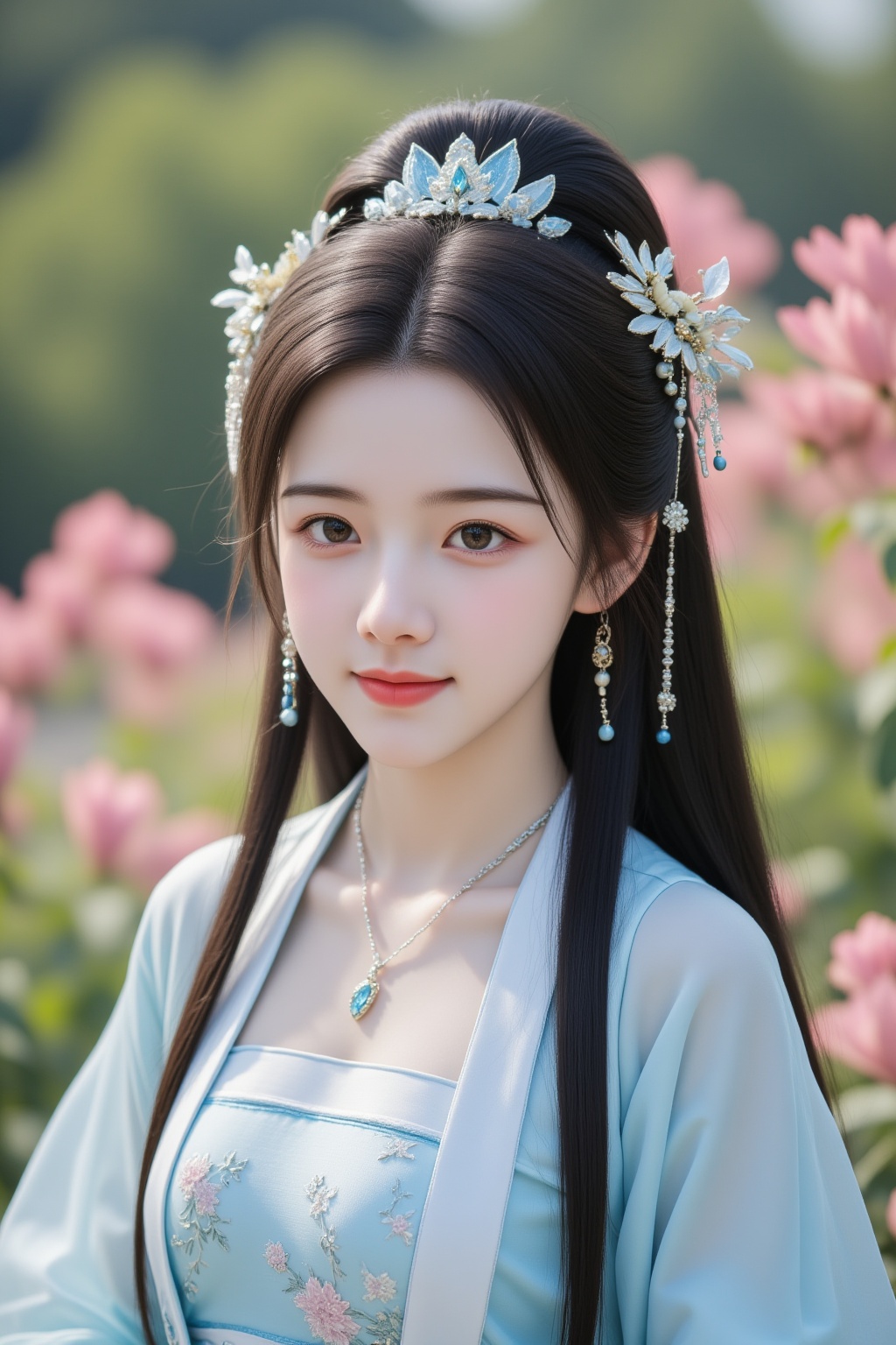 cinematic photo 1girl, teenage, jewelry, long hair, solo, smirk, closed mouth, black hair, brown eyes, looking at viewer, upper body, blue chinese clothes, outdoors, flowers