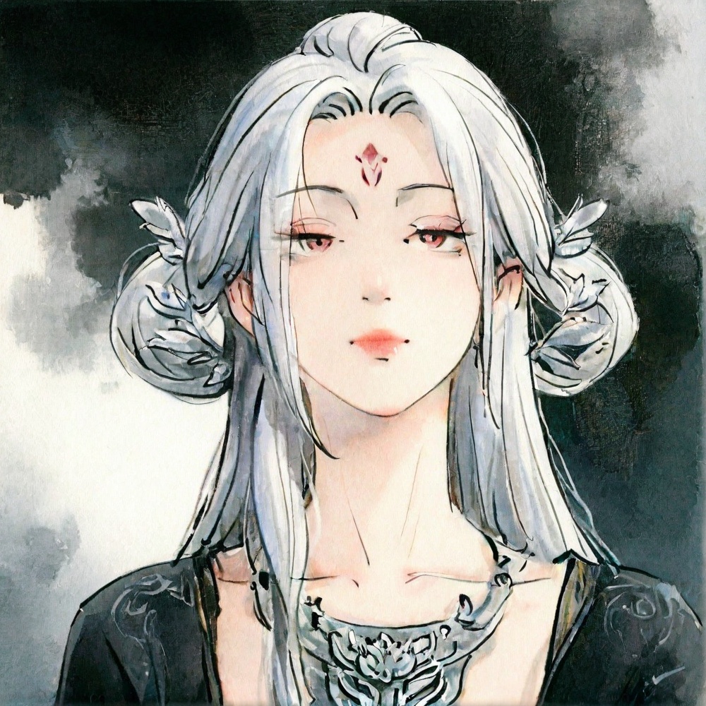 ((very awa)),solo,highly detailed,(best quality),((masterpiece)),1girl,upper_body,long hair,forehead mark,xiaobai,mature_female,<lora:小白nbXL:0.9>,white hair,chi,<lora:鸽正则nbXL:0.2>,ge,mature_female,<lora:chi正则100nbXL>,painting \(medium\),traditional media,