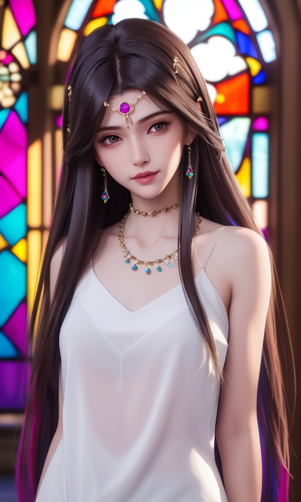 (,1girl, ,best quality, )<lora:362-DA-神印王座-女使大人:0.7>,,ultra detailed background,ultra detailed background,ultra realistic 8k cg,,, (close-up portrait),(upper body:1.22),(realistic:1.11),(Photo-referencing),HDR,Studio Lighting,Soft Lighting, ,, a slender petite little girl,Delicate muscle lines,(Skinny body),(solo:1.5),( looking at viewer:1.22),The white shiny skin, (smirk:1.2),(dynamic pose),(arms behind back),arms at sides, (very long payot),(Absurdly long Brown straight hair:1.22),parted bangs, (floating hair), (jewelry:1.17), necklace, earrings,(colorful:1.27),(stained glass background),(),(()),,