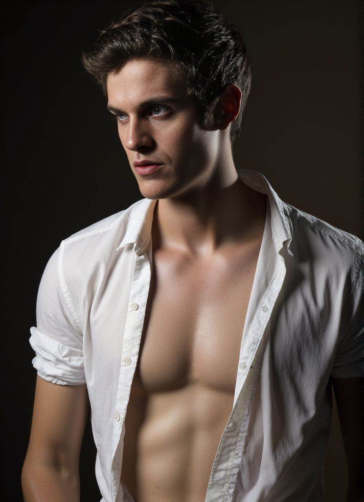 danielsharman ,  Photorealistic . sheer white shirt half‑removed. intricate fabric textures. dramatic studio lighting. ult...