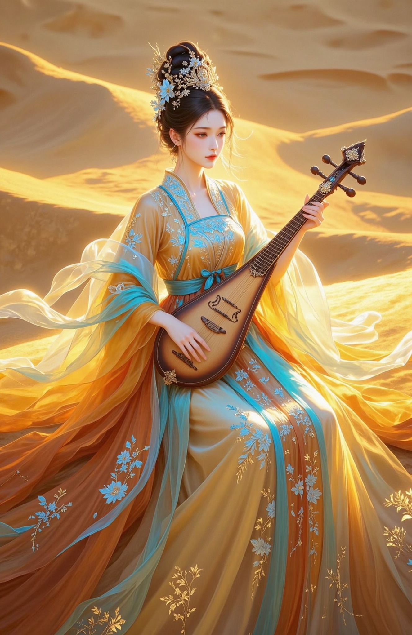 191guofeng,gold foil rock color,rock color painting,frosted texture painting,Chinese style professional painting,This is a highly detailed,artistic photograph featuring a young woman in traditional Chinese attire,seated on a dune in a desert-**** setting bathed in warm,golden light. The woman is of East Asian descent,with fair skin and delicate features. Her hair is styled in an elaborate updo adorned with intricate floral hairpins and a golden crown,adding a regal touch to her appearance.She is dressed in a flowing,multi-layered gown with an intricate blue and gold pattern. The gown is adorned with delicate floral embroidery and features a prominent,ornate collar. Her attire also includes a long,flowing orange skirt with a similar floral pattern,and a sheer,translucent blue fabric draped over her shoulders,adding to the ethereal quality of the image.She holds a traditional Chinese guqin,a seven-stringed instrument,with both hands,her expression serene and contemplative. The instrument is **** of wood and has a distinctive curved shape,with intricate inlay patterns on its surface. The background consists of soft,undulating sand dunes,creating a serene and tranquil atmosphere. The overall composition is rich in texture and color,with the warm hues of the desert contrasting beautifully with the cool tones of her attire.,