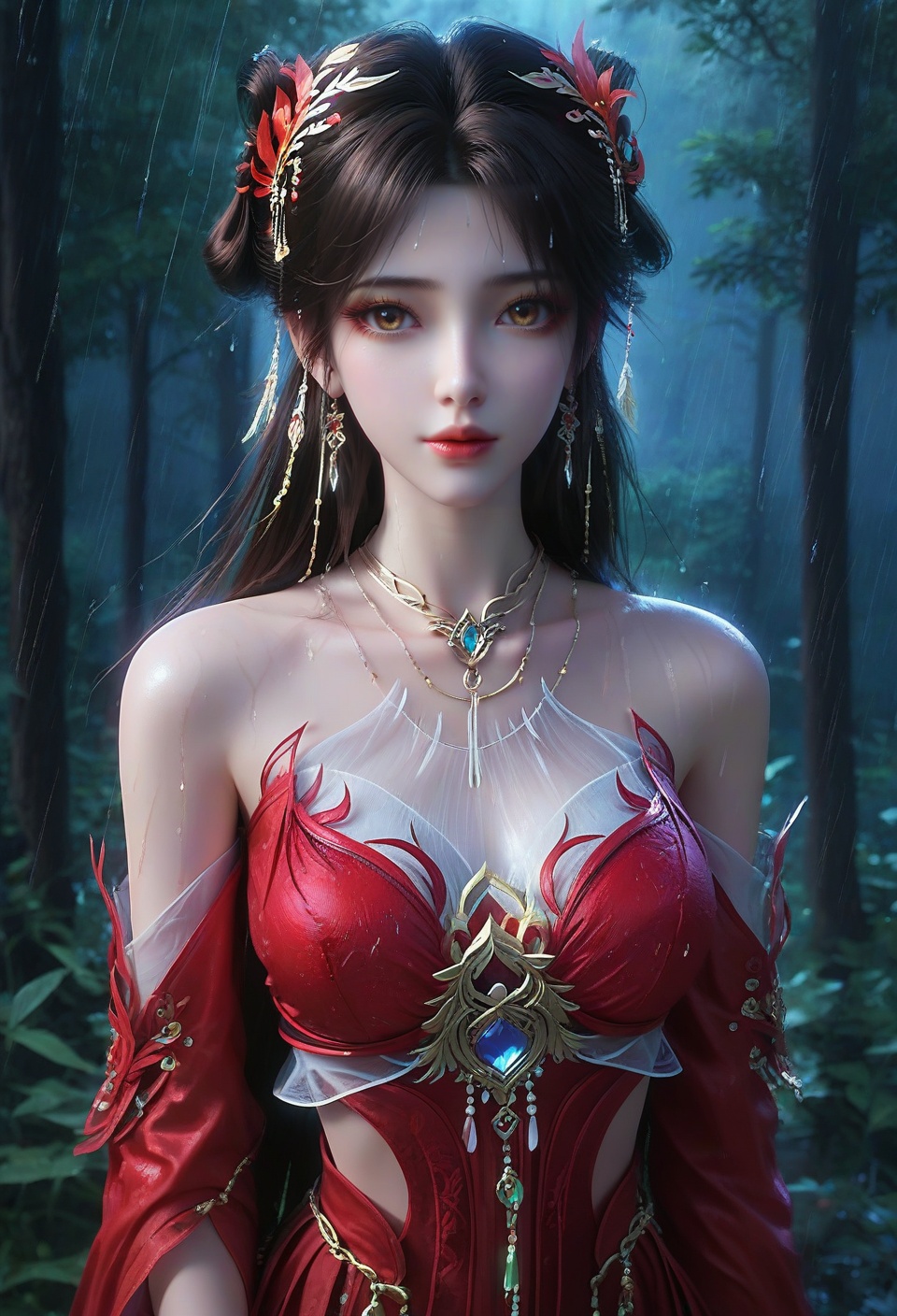 score_9,score_8_up,score_7_up,break.,china dlrb,China girl,mole,1girl,solo,looking at viewer,(sedimentary layer contrast:1.4@z0.7-1.0),black hair, (nm style),1girl,solo,looking at viewer,magic forest,facial,ambient lighting,(girl at x0,y1:1.4),fairy,(rain （环境氛围） beyond z0.7:1.6),(neon lights details:1.3@z0.7-1.0),neon lights,vampire,china,dress,<lora:18完美世界火灵儿红裙:0.8>,