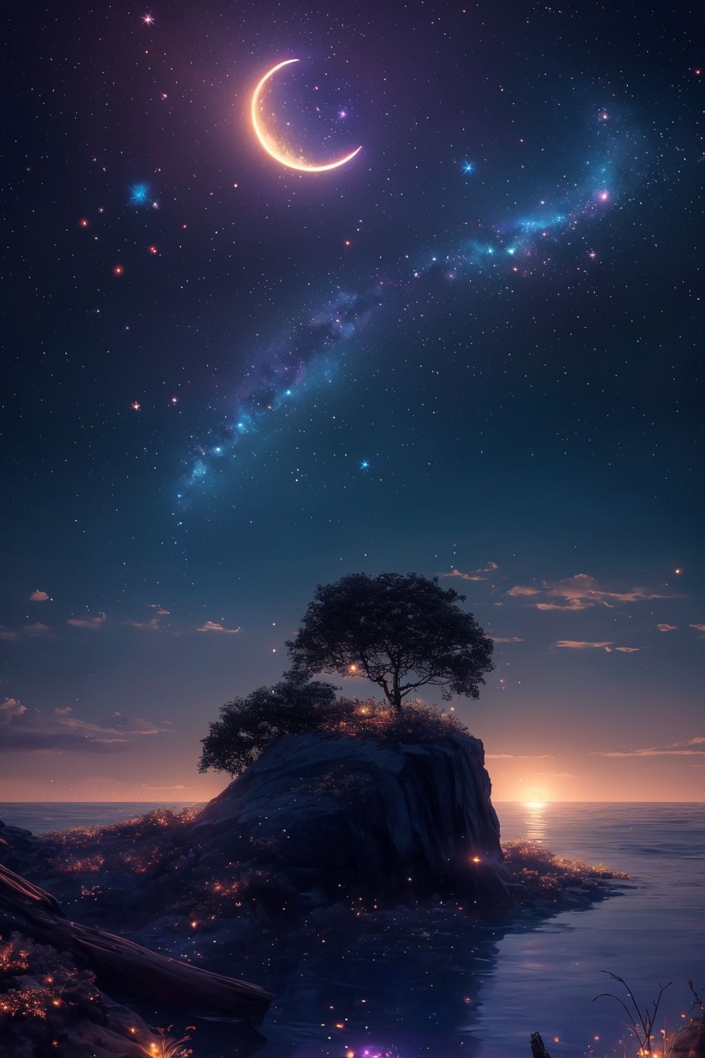 <lora:MHBG_20240210000238-000007:0.6>,MHBG,sky,scenery,star \(sky\),cloud,starry sky,outdoors,sunset,night,tree,horizon,night sky,(no humans:2),nature,forest,moon,crescent moon,reflection,water,fireflies,lantern,grass,blurry,full moon,light particles,bug,branch,leaf,depth of field,butterfly,ocean,sun,planet,sparkle,bokeh,lens flare,bubble,space,, with intense rainfall,monochromatic,masterpiece,best quality,high quality,extremely detailed CG unity 8k wallpaper,award winning photography,Bokeh,Depth of Field,HDR,bloom,Chromatic Aberration,Photorealistic,extremely detailed,trending on artstation,trending on CGsociety,Intricate,High Detail,dramatic,art by midjourney,volumetric lighting,
