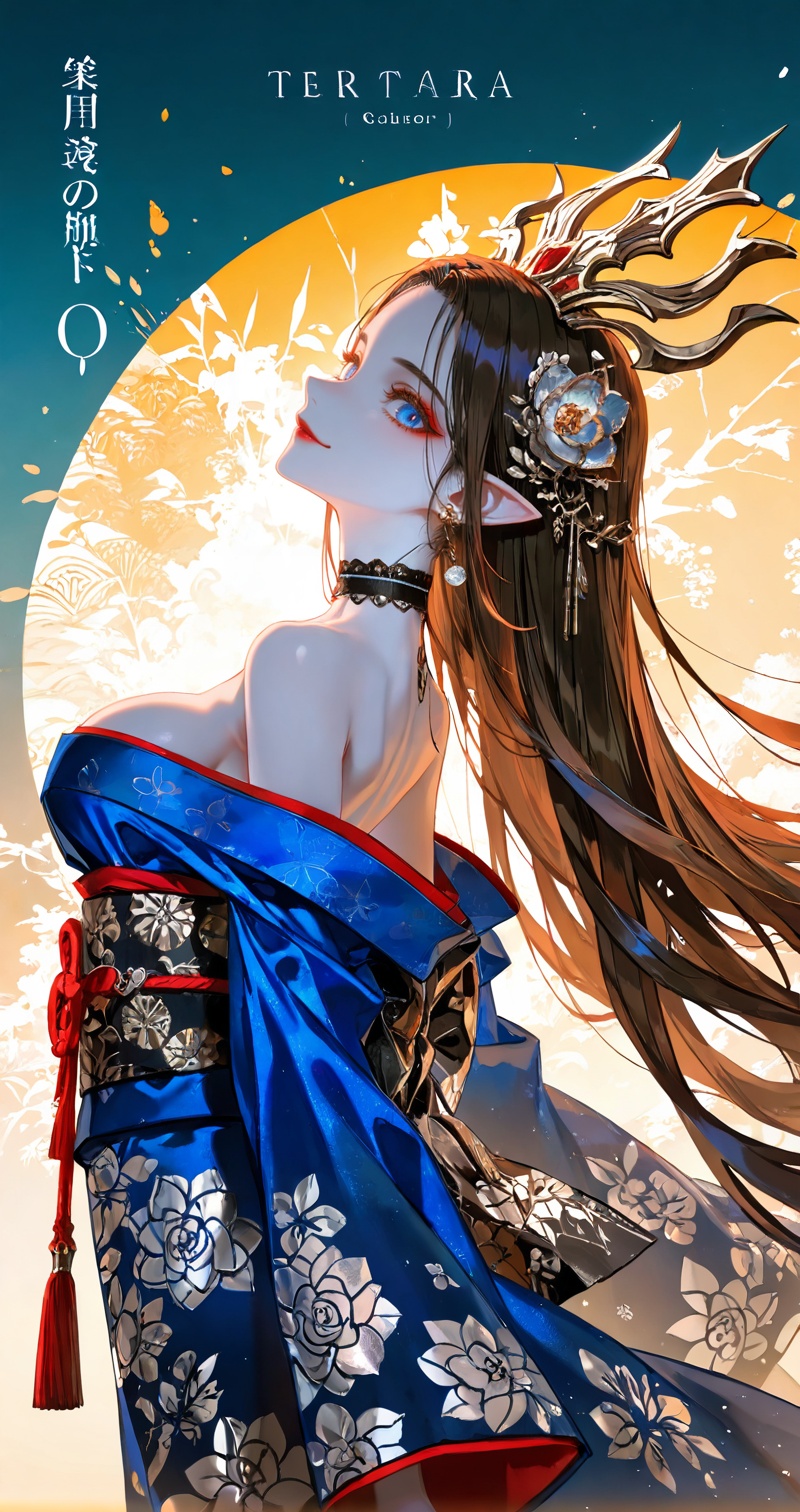 <lora:美杜莎-0.0819:0.7>,meidusha,1girl,pointy ears,solo,long hair,earrings,jewelry,black hair,(crown:1.2),hair ornament,looking at viewer,brown hair,blue eyes,red lips,makeup,1girl,breasts,solo,japanese clothes,kimono,smile,hair ornament,choker,large breasts,flower,looking at viewer,hair flower,wide sleeves,sash,earrings,blue kimono,jewelry,obi,floral print,sideboob,bare shoulders,black choker,off shoulder,long sleeves,alternate costume,close-up details,outstanding style,adding a touch of dimension to your images without compromising details,whirls of vapor,iridescent textures,(Anime:1.1),ethereal ambiance,delicate details,magical high-concept,32K UHD,sharp focus,best-quality,masterpiece,golden hour,unconventional supreme masterpiece,masterful details,temperate atmosphere,with a high-end texture,in the style of fashion photography,photography,cover,dynamic angle,dynamic posture,(artist:quasarcake:0.8),extreme aesthetic,(wlop:0.6),(honjou raita, lack, rella:0.5, wanke),masterpiece,best quality,good quality,very aesthetic,absurdres,visual impact,a shot with tension,ultra-high resolution,32K UHD,sharp focus,best-quality,masterpiece,emotionalization,unconventional supreme masterpiece,masterful details,temperate atmosphere,with a high-end texture,in the style of fashion photography,(visual impact:1.2),giving the poster a dynamic and visually striking appearance,impactful picture,official art,colorful,splash of color,movie perspective,masterpiece,best quality,amazing quality,very aesthetic,absurdres,best quality,newest,