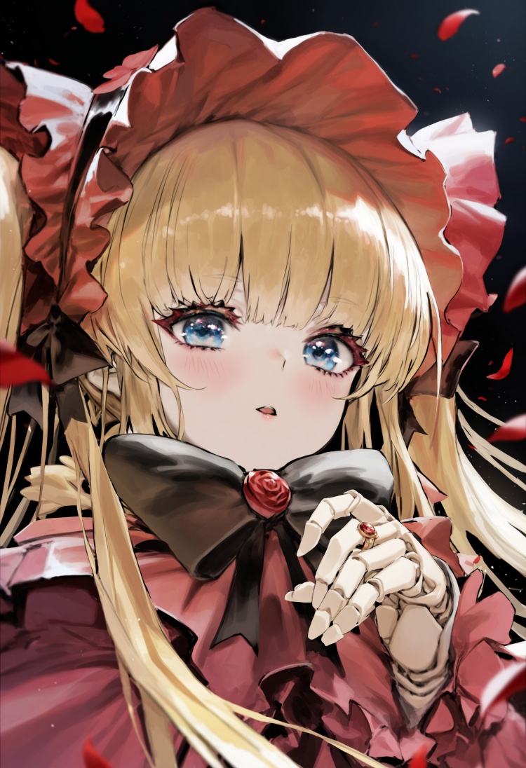 best quality, masterpiece, 1girl, shinku, solo, blonde hair, blue eyes, long hair, bow, dress, looking at viewer, blush, bangs, petals, black background, jewelry, red dress, bonnet, twintails, ring, red headwear, black bow, long sleeves, upper body, capelet, bowtie, very long hair, parted lips, sidelocks, simple background, open mouth, red capelet, doll joints, joints  <lora:rsefXLlokr4f-000143:0.95>
